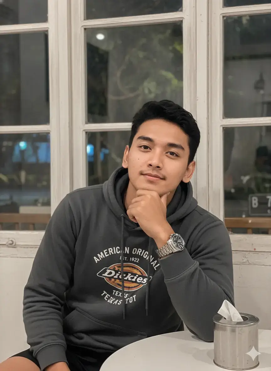 Prompt 👇 Seorang pemuda Asia yang menarik dengan rambut hitam acak-acakan.  ​Dia memiliki fitur wajah yang halus dan ekspresi tenang, dengan pandangan mata langsung ke kamera. ​Dia mengenakan hoodie abu-abu tua 