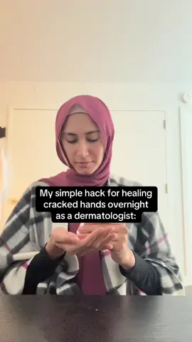 Winter is coming, which means hand eczema season is here! Hand eczema affects 10% of the population and is especially common in young women and healthcare workers. As a dermatologist, I am constantly sanitizing my hands during the day. Here’s a simple hack that I use to repair my hands overnight:  1. After cleansing, apply a fragrance-free moisturizer.  2. Then, follow it up with a thin layer of an occlusive, such as Aquaphor or Vaseline, to help lock in moisture. 3. If your hands are in especially bad shape, add cotton gloves to help the moisturizers penetrate the skin more effectively. #dermatologist #skincare #eczema #dryskin #skindoctor 