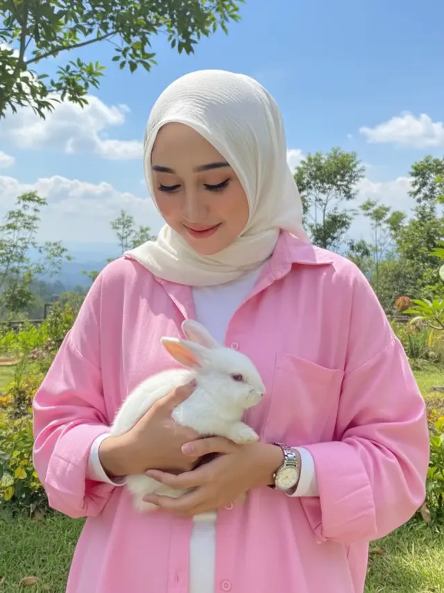 Buat gambar dari foto ini tanpa merubah wajah sedikit pun seorang wanita muda dengan gaya berbusana muslimah yang kasual dan stylish. Pakaian: Ia mengenakan kemeja longgar atau oversized berwarna babypink dengan saku di dada. Hijabnya berwarna putih gading dengan jepit hijab dengan tekstur berkerut atau crinkled. Ia tampak mengenakan atasan putih di dalamnya. Aksesoris: Di pergelangan tangan kirinya ia mengenakan jam tangan silver. Ekspresi dan Pose: Wanita ini berpose dengan pandangan menunduk dan ekspresi wajah yang lembut serta sedikit tersenyum dengan memegang kelinci putih lucu Latar Belakang: Latar belakangnya adalah pemandangan luar ruangan yang cerah d sebuah villa pegunungan Langitnya biru cerah dengan beberapa awan putih yang tersebar. Terdapat pepohonan dan dedaunan hijau di bagian atas dan sisi foto, menunjukkan ia berada di area taman atau alam terbuka. jangan rubah wajah sedikitpun resolusi 9.16 HD#fyp #geminiai #JasaEditFoto #prompt 