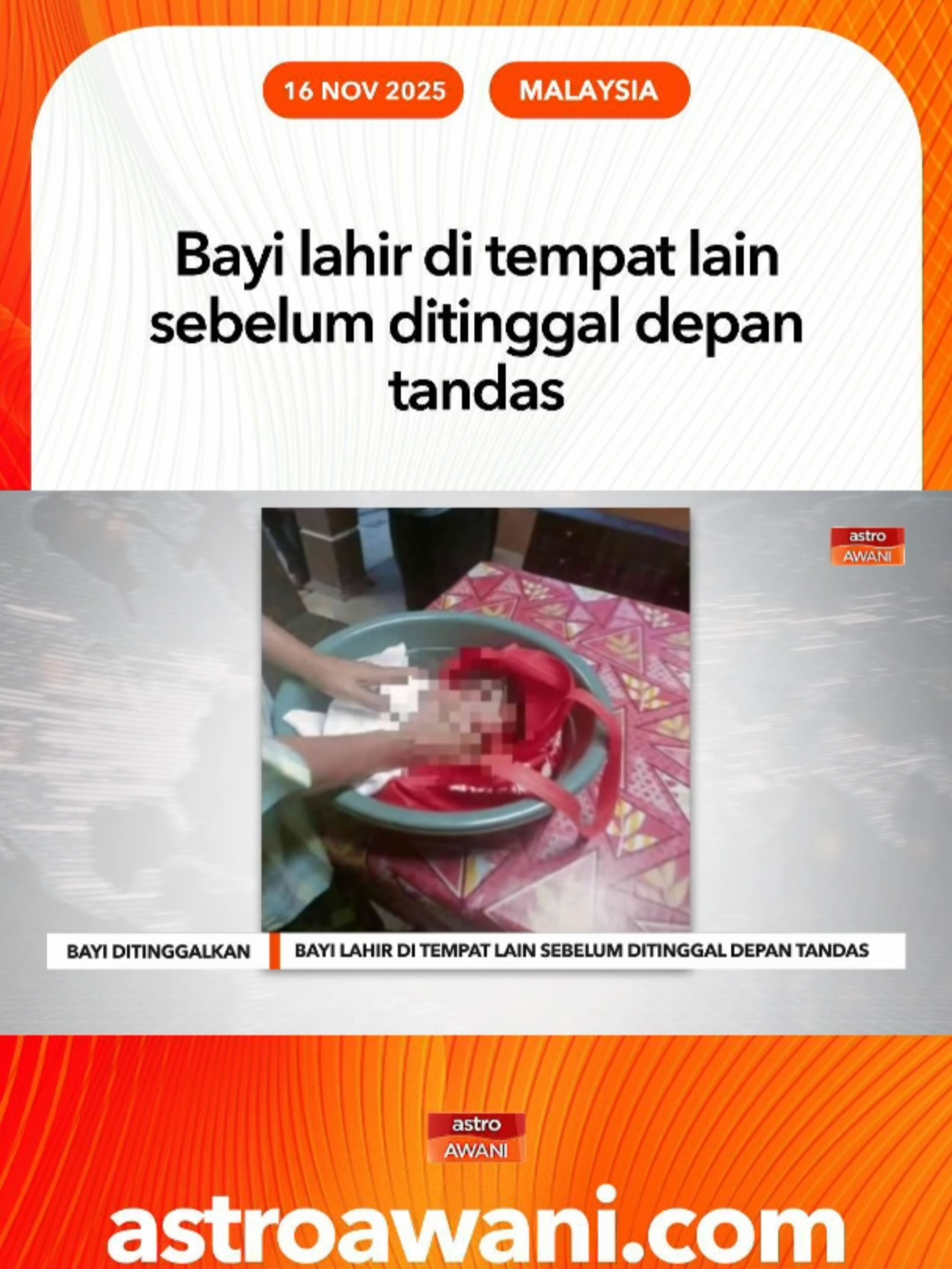 Bayi perempuan yang ditemukan di hadapan tandas sebuah rumah kampung di Sungai Dua, di Butterworth pada Khamis lepas dipercayai dilahirkan di tempat lain sebelum ditinggalkan di lokasi itu. #AWANInews
