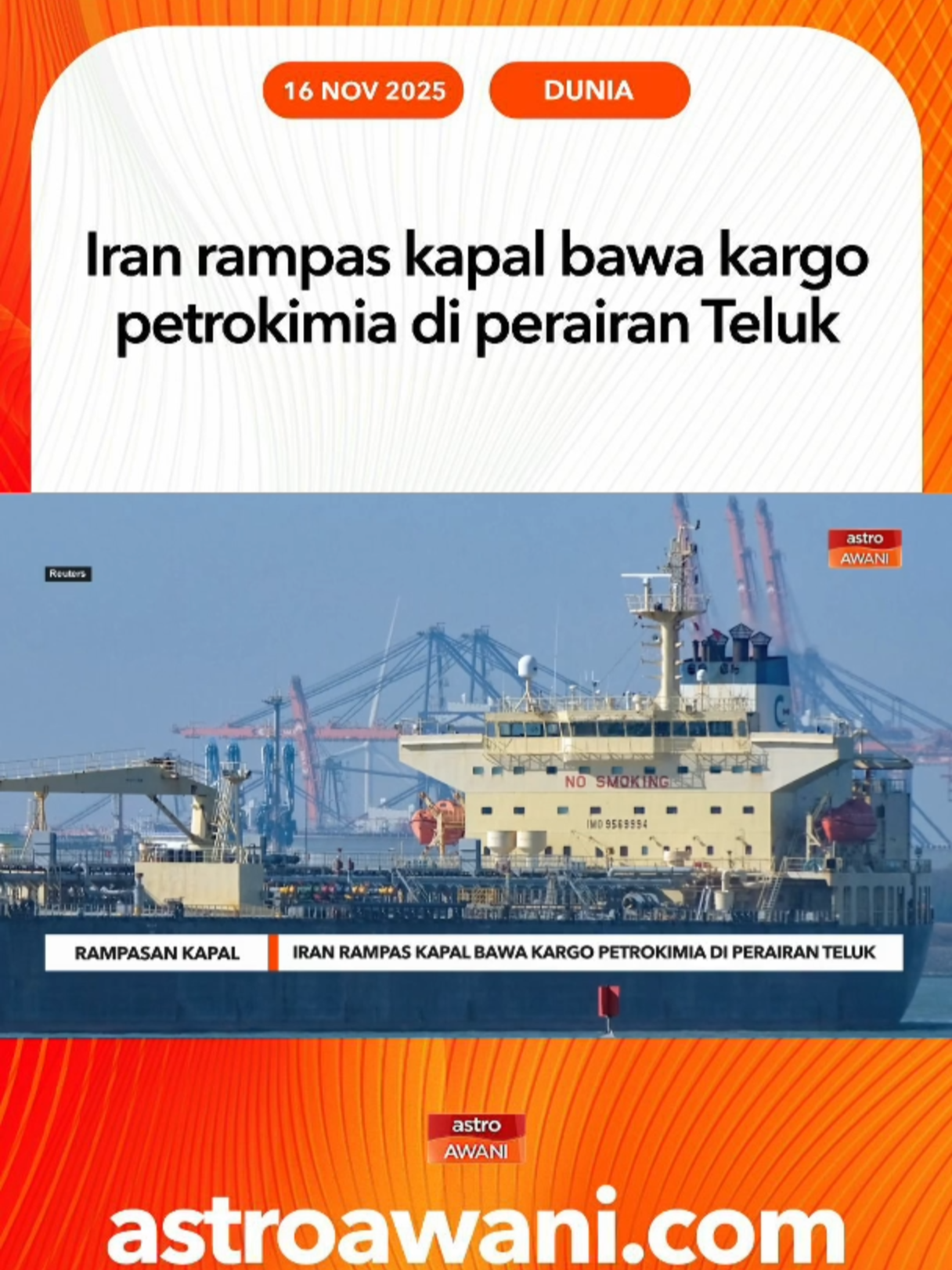 Iran mengesahkan Pasukan Pengawal Revolusi Islam (IRGC) telah merampas sebuah kapal tangki yang membawa kargo petrokimia menuju Singapura di perairan Teluk, atas dakwaan pelanggaran peraturan tertentu, lapor media rasmi negara itu. #AWANInews