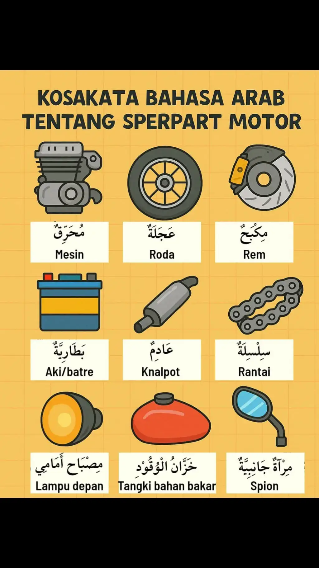 Belajar kosakata bahasa arab tentang spare part kendaraan #belajar #bahasaarab #sparepart #komponen #kendaraan 