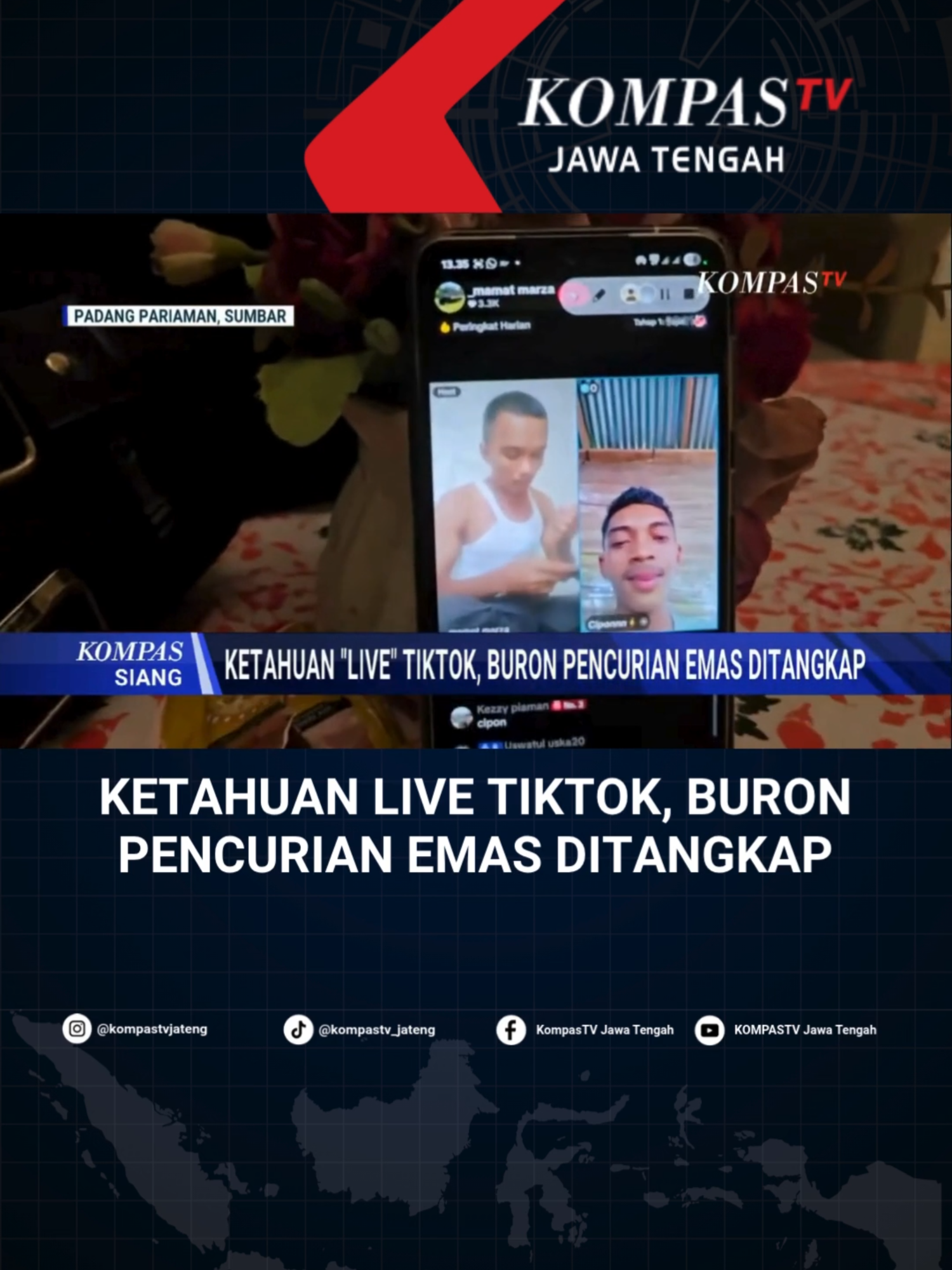 KOMPAS.TV - Anggota Satuan Reserse Kriminal Polres Padang Pariaman, Sumatera Barat, menangkap pelaku pencurian emas seberat 32 gram serta ponsel. Penangkapan pelaku ini berawal saat polisi mengetahui pelaku sedang live TikTok di tempat pelarian. Dalam proses pencarian, polisi mengetahui pria inisial F.R.E alias Mamat tengah live di platform TikTok. Mamat adalah seorang buron kasus pencurian emas. Berdasarkan video live ini, polisi pun dengan mudah menemukan lokasi persembunyian pelaku. Pelaku diamankan di daerah Pandeglang, Banten, Rabu (12/11/2025) lalu. Dari penggeledahan, petugas mendapatkan emas seberat 25 gram yang belum sempat dijual oleh pelaku. Penangkapan ini merupakan tindak lanjut dari laporan masyarakat terkait kasus pencurian emas dan satu unit ponsel. #livetiktok #pencurian #buron #tiktok
