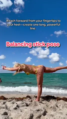 Balancing stick pose on the beach in front of the ocean, with the waves crashing and the sunlight lighting up the moment. Holding steady, staying strong, and letting the energy of the shoreline guide my focus. #BalancingStickPose #BeachYogaPower #SunlitStrength #OceanEnergyFlow #SteadyAndStrong