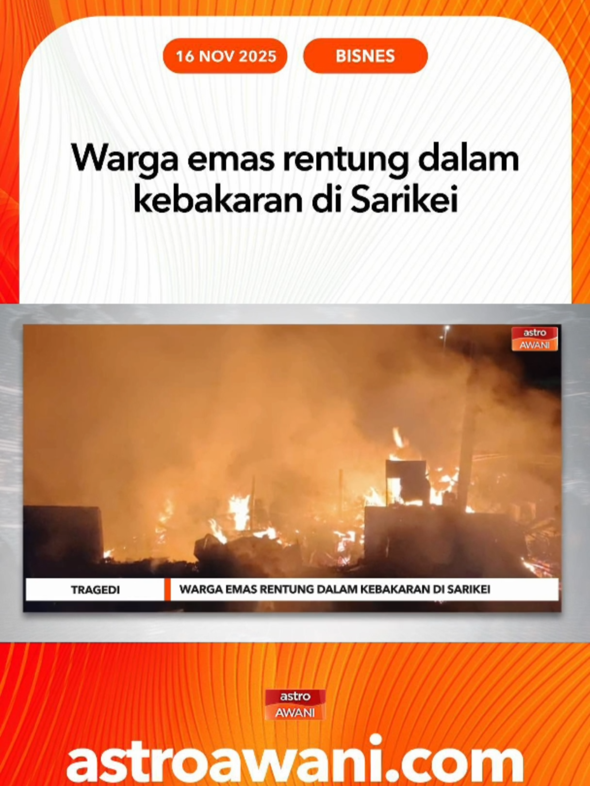 Seorang lelaki warga emas ditemui rentung selepas kebakaran memusnahkan sebuah rumah dan dua kenderaan di Jalan Minah, awal pagi Ahad. #AWANInews