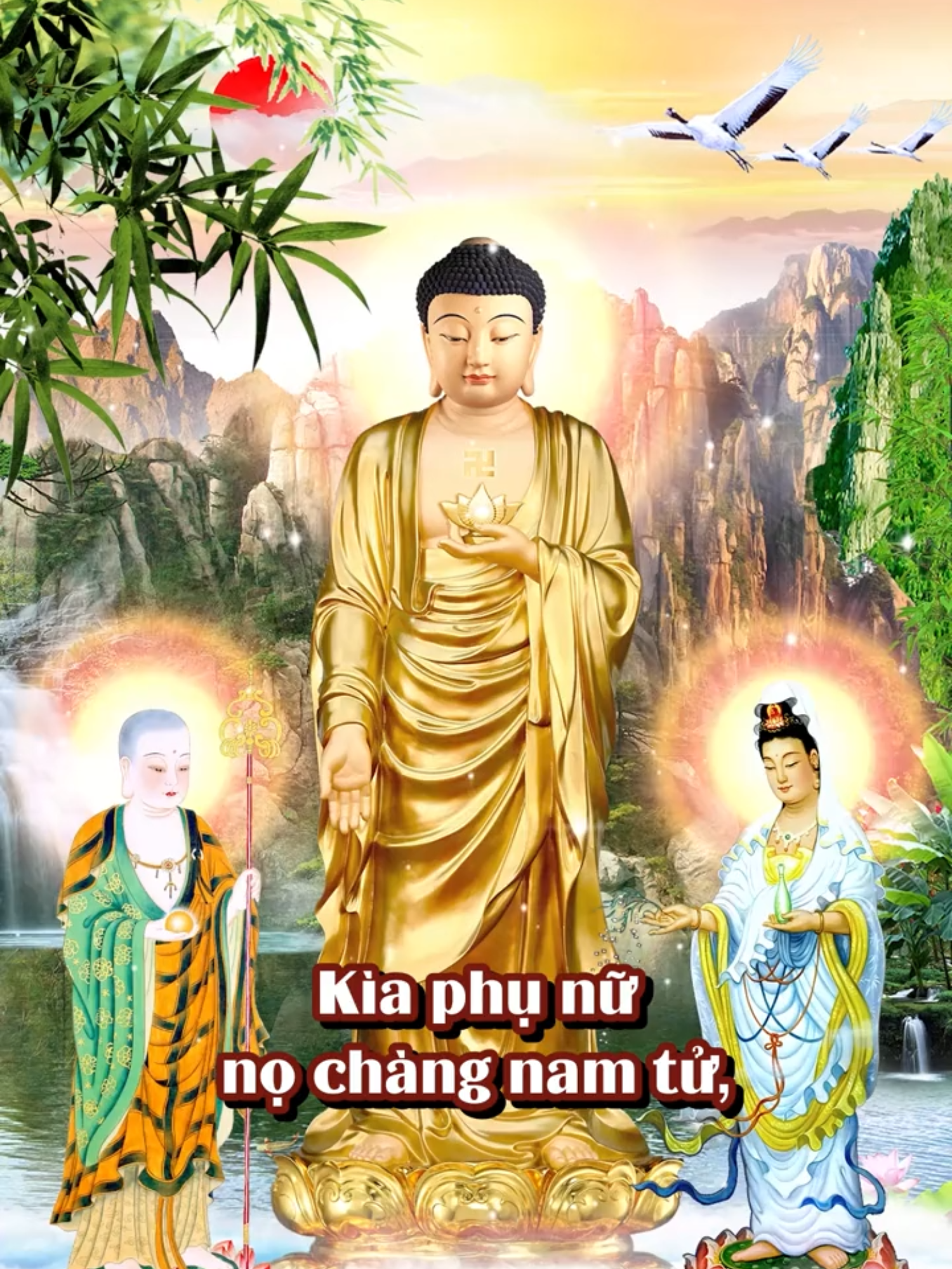 - Trích trong: SÁM KHUYẾN TU (2) - Giọng tụng: Thầy Thích Huệ Duyên ------------- Kìa phụ nữ nọ chàng nam tử, Lúc chung qui đều ngự cỏ xanh, Kẻ đui người điếc lưu manh, Hồn qui dị lộ gởi mình hang sâu. Kẻ vương bá công hầu tể tướng; Lâm trận đồ cũng mượn gò kia, Ai ôi! Nghĩ kỹ ai bi! Cái thân không thiệt, hồn đi nơi nào? Sực tỉnh lại mau mau tu tập, Kíp qui y Phật, Pháp cùng Tăng, Hôm mai giới luật ân cần, Chuyên câu niệm Phật độ thân cho rồi. Kìa Cực lạc là nơi an dưỡng, Ðất lưu ly vô lượng khiết tinh, Có ao thất bảo quang minh, Có sen chín phẩm lớn kình bánh xe. Lại thất bảo ngỏa nguê đẹp đẽ, Nước bát công sạch sẽ tinh vi, Bảy hàng cây báu lưu ly, Lan can bảy lớp ma ni sáng ngời. Chim nói pháp hôm mai êm dịu, Hoa trên không nhiêu nhiểu khắp cùng, Khắp trong một sát độ trung, Dị hương thanh nhạc vui mừng thảnh thơi. Nơi bảo tọa một tòa vương pháp, A Di Ðà nói pháp thuyết kinh, Trang nghiêm vô lượng quang minh, Hào quang sáng chói ba thành mười phương.