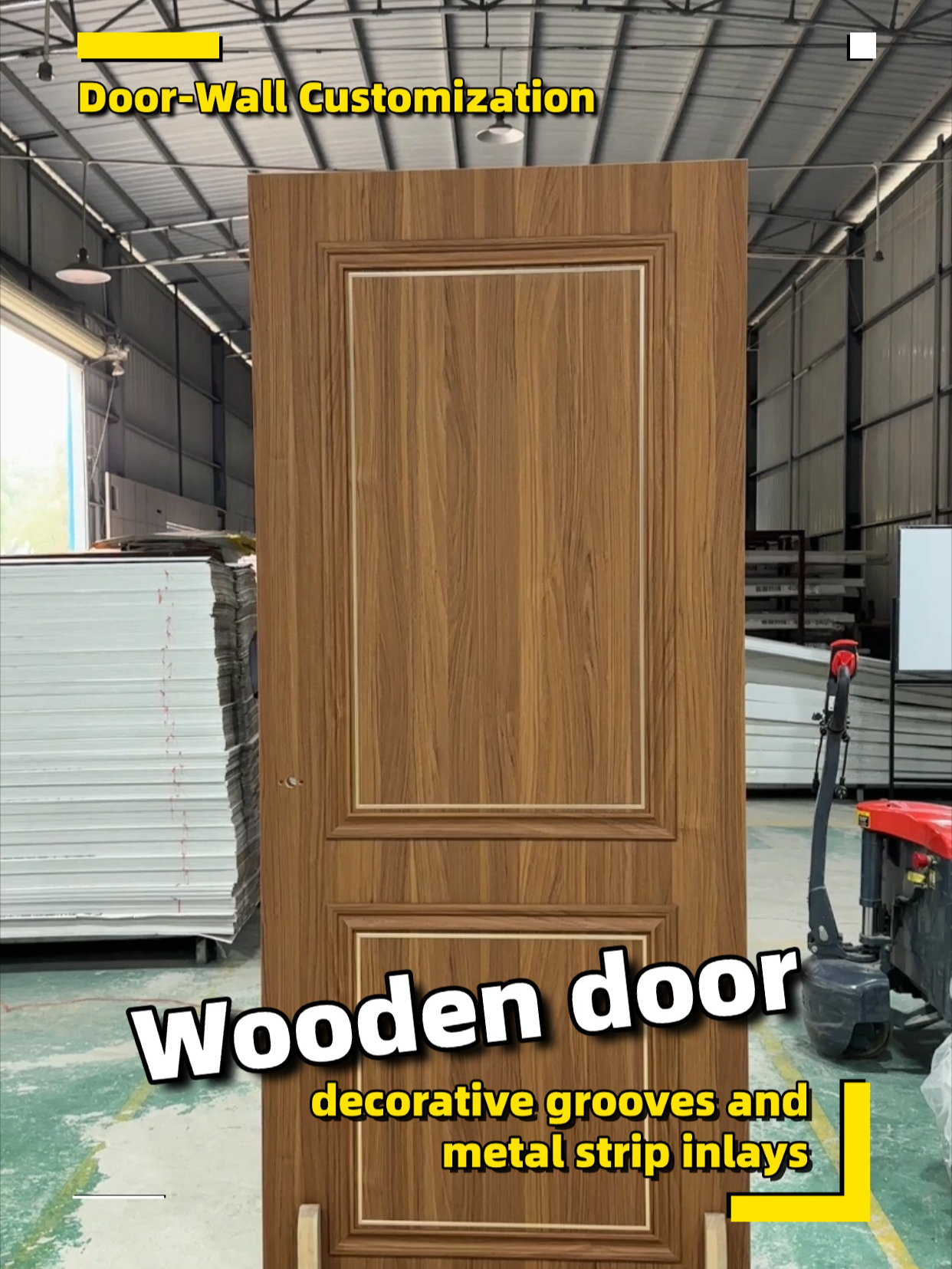Wooden door featuring grooved detailing and metal strip accents.#door #woodendoor #doorfactory #chinesefactory #rhj #ronghuaju #doors #doormanufacturer #directfactory #hoteldoor #doordesign #homedesign #hoteldoors