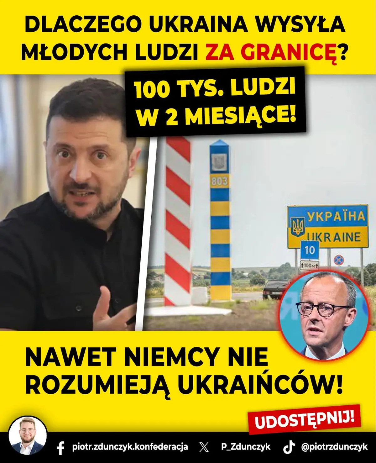 Dlaczego 🇺🇦Ukraina wysyła młodych ludzi za granicę? 🔴100 tys. ludzi w 2 miesiące! Nawet 🇩🇪Niemcy nie rozumieją Ukraińców! Polska znalazła się dziś w sytuacji, w której nawet niemiecki rząd zaczyna głośno mówić o problemie, którego nasze władze udają, że nie widzą. Skoro kanclerz Niemiec Friedrich Merz stwierdza wprost, że młodzi Ukraińcy powinni służyć własnemu państwu, zamiast masowo opuszczać kraj, to znaczy, że skala zjawiska stała się nie do ukrycia. Dane polskiej Straży Granicznej pokazują gwałtowny wzrost liczby młodych mężczyzn z Ukrainy w wieku poborowym. Od stycznia do końca sierpnia przyjechało ich 45300, a tylko w dwa miesiące po zmianie ukraińskich przepisów liczba ta skoczyła do 98000. To efekt decyzji władz w Kijowie, które otworzyły drogę do masowego wyjazdu młodych osób w wieku poborowym, a polski rząd przyjął tę sytuację bez żadnej reakcji. Równocześnie utrzymywany jest pakiet przywilejów socjalnych oraz dostęp do ochrony zdrowia bez obowiązku składkowego, co czyni Polskę szczególnie atrakcyjną dla obywateli Ukrainy szukających bezpiecznej przystani, zamiast podejmować służbę w obronie własnego kraju. Polska polityka migracyjna nie istnieje, a Donald Tusk jedynie trzyma drzwi na masową i niekontrolowaną migrację. Zamiast bronienia interesu narodowego utrwala się system zachęt, który destabilizuje rynek pracy, obciąża finanse publiczne, wydłuża kolejki do lekarzy i wzmacnia poczucie niesprawiedliwości wśród polskich obywateli. Konieczna jest zdecydowana reakcja. Konfederacja powtarza jak mantrę, że należy zlikwidować przywileje socjalne dla obywateli Ukrainy, przywrócić pełną równość obowiązków w dostępie do ochrony zdrowia oraz utrudnić procedurę nadawania polskiego obywatelstwa dla imigrantów. Każda osoba łamiąca polskie prawo powinna być automatycznie deportowana. Tylko twarde i konsekwentne decyzje pozwolą odzyskać kontrolę nad sytuacją i jasno pokazać, że to #NaszDomPolska, a nie pusty kawałek terenu na mapie. #Konfederacja #RuchNarodowy 
