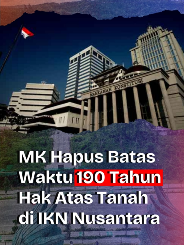 JAKARTA (Realita)- Mahkamah Konstitusi (MK) menegaskan batas waktu penggunaan Hak Atas Tanah (HAT) dalam Undang-Undang Nomor 3 Tahun 2022 tentang Ibu Kota Negara (UU IKN). Dalam putusan yang dibacakan pada kemarin Kamis (13/11/2025), MK menyatakan sejumlah ketentuan Pasal 16A UU IKN bertentangan dengan UUD 1945 dan tidak mengikat sepanjang tidak dimaknai sesuai batas waktu pemberian, perpanjangan, dan pembaruan hak. Majelis hakim memberikan tafsir baru atas pengaturan jangka waktu Hak Guna Usaha (HGU), Hak Guna Bangunan (HGB), dan Hak Pakai (HP). Tafsir ini menegaskan bahwa mekanisme penggunaan HAT harus mengikuti tahapan pemberian, perpanjangan, dan pembaruan, bukan diberikan sekaligus dalam dua siklus sebagaimana frasa yang tercantum dalam UU IKN. Ketua MK Suhartoyo dalam sidang pembacaan amar Putusan Nomor 185/PUU-XXII/2024 menyampaikan ketentuan yang dinilai bertentangan dengan konstitusi. Baca berita selengkapnya di web resmi Realita.co. akses link website melalui bio akun kami. #ikn #fyppppppppppppppppppppppp #fy #promomakan1111 #viral 