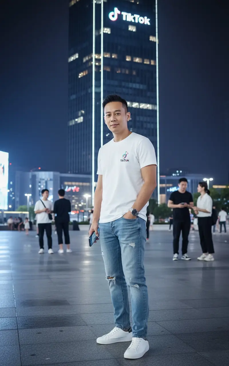 Seorang pria (foto terlampir) tersenyum. Berdiri di pelataran gedung malam hari, pose badan sedikit menyamping dan menoleh ke kamera. Ia mengenakan kaus putih berlogo (TikTok), celana denim robek, dan sepatu sneakers putih. Tangan kanan memegang ponsel, satu tangannya berada di saku celana dan menggunakan jam tangan.  Di belakangnya, sebuah gedung tinggi modern dengan logo TikTok terlihat jelas. Beberapa orang terlihat berjalan di latar belakang, membuat fokus utama pada pria tersebut. #gemini #geminitrend #aiprompt #fyppppppppppppppppppppppp #fouryoupage 