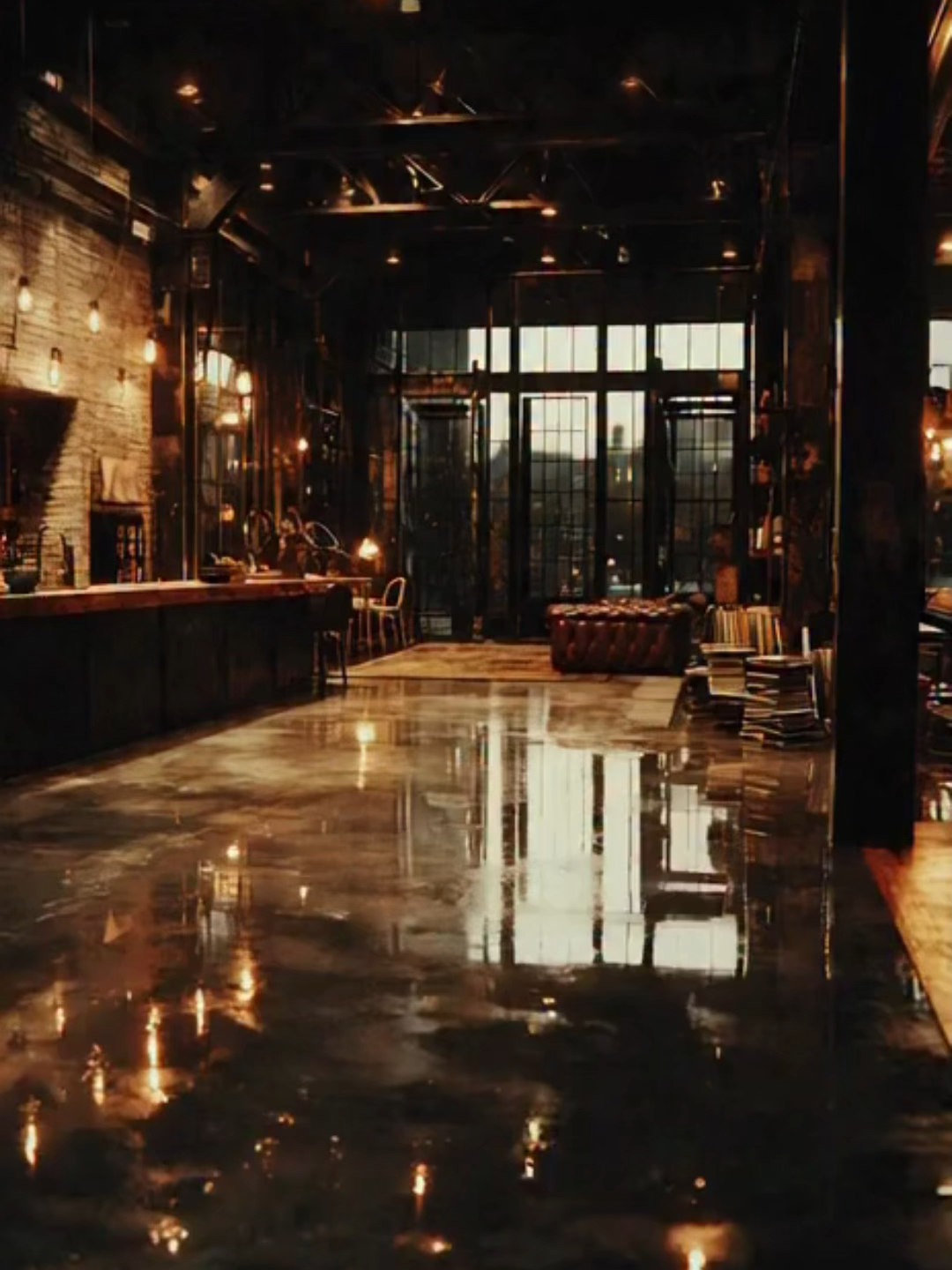 New York Industrial Loft – Night Rain Glow #NewYorkLoft #NYCNightAmbience #UrbanAesthetic #RainyLoftVibes #IndustrialInterior