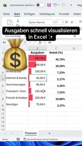 So machst du deine Ausgaben in Excel sofort übersichtlicher 💡 Perfekt für Haushaltsbuch, Budgetplanung oder Monatsauswertung! #excel #datenanalyse #bürokauffrau #exceltricks #haushaltsbuch 