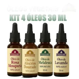 Kit 4 óleos Dermabel prontos para aplicar na pele: #melaleuca para micoses e acne ajuda até no #cc  #alecrim para crescimento capilar e dores musculares  #lavanda acalma e combate a insônia  #rosamosqueta hidrata e combate o envelhecimento 