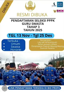 Seleksi pengangkatan guru swasta menjadi Pegawai Pemerintah dengan Perjanjian Kerja (PPPK) telah dibuka. Berikut beberapa informasi penting tentang seleksi ini Pendaftaran: Pendaftaran seleksi PPPK tahap 3 untuk guru swasta tahun 2025 Persyaratan: Guru swasta yang ingin mengikuti seleksi PPPK harus memenuhi beberapa persyaratan, antara lain: Sertifikasi Guru: Memiliki sertifikat pendidik yang sah dan diakui oleh pemerintah. Pengalaman Mengajar: Memiliki pengalaman mengajar yang relevan. Kualifikasi Pendidikan: Memiliki kualifikasi pendidikan minimal S1 atau setara dengan jurusan yang relevan dengan bidang yang diajarkan. #pengankatanguruswasta #pppkguru #guruinpassing #gurumuda #guruswasta #casn #infopppk #inpassing #pppk2026 #guruhpnorer #lewatbranda #fyp 