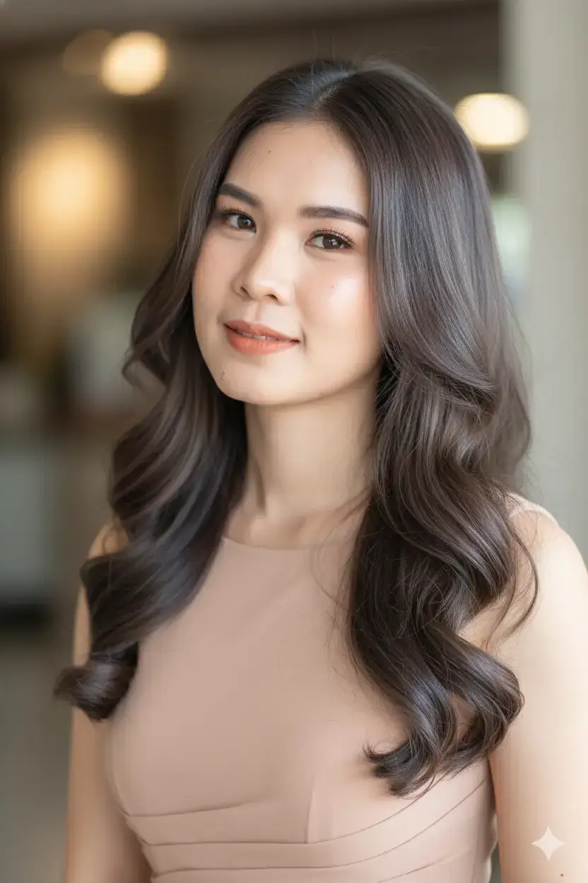 promt: สร้างภาพใช้หน้าต้นฉบับที่แนบไปแบบ 100% คัดลอกลักษณะใบหน้าและรายละเอียดจากภาพต้นฉบับอย่างแม่นยำเป็นภาพถ่ายแบบไฮเปอร์เรียลลิสติก ภาพมุมใกล้ เอียงใบหน้านิด เฉียง 45 องศา สวมชุดเดรสสีนู้ด เธอผมสไลด์เลเยอร์ ผมดัดลอนคลายๆยาวประมาณเอว สี น้ำตาลบรินไฮไลท์เทา ดูเงางามและมี วอลลุ่ม รับกับรูปหน้าอย่างลงตัว เส้นผมบาง เส้นพลิ้วปกคลุมบนใบหน้านิดหน่อย เน้น ขนตายาวงอน ริมฝีปากของเธอเป็นสีนู้ดอม ส้ม ให้ความรู้สึกสวยหวาน