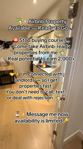 ⛔️ Stop buying courses… come take Airbnb-ready properties from me. 🏡✨ 💼🔥 Real potential to earn 2,000+ 🤝✨ I’m well connected with landlords — I get properties fast so you don’t have to call, text, or get rejected. 🏠✔️ Airbnb-ready properties available now 🚨🔥 DM me NOW — limited availability 🔑  #propertyinvesting #airbnb #propertyinvestment  #renttorent   #propertymanagement 