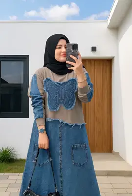 Dress Jeans Combad motif Kupu-kupu yang Lagi Best seller  #Dresskupu #dressjeans #mididress 