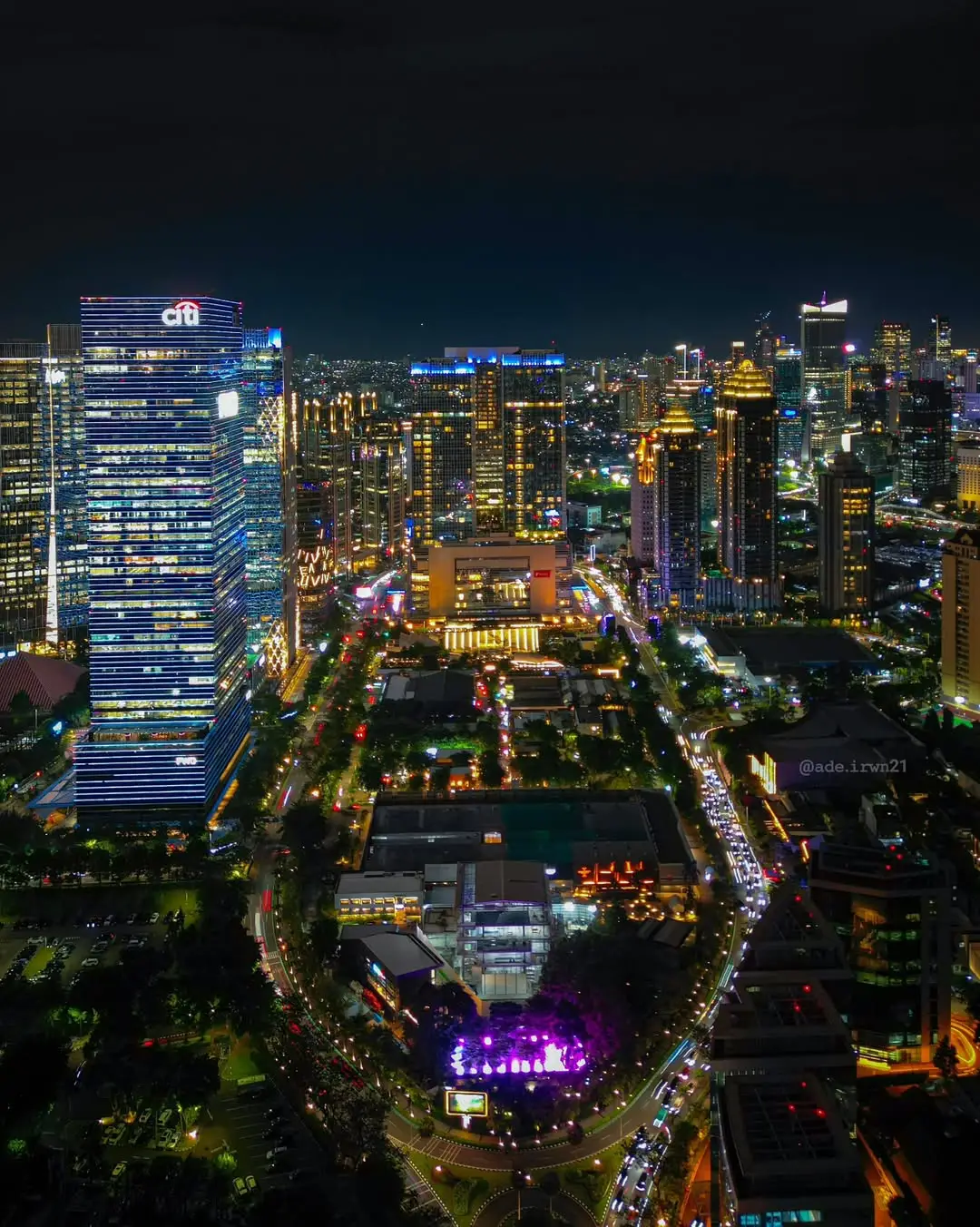 City nights, sparkling sights. 🌃✨ . . 📍Jakarta, Indonesia 🇮🇩 📸 DJI Mini 3 Pro ▶️ by @ade.irwn21 . . #jktinfo #fyp #aerialphotos #scbd  #whatsonscbd 