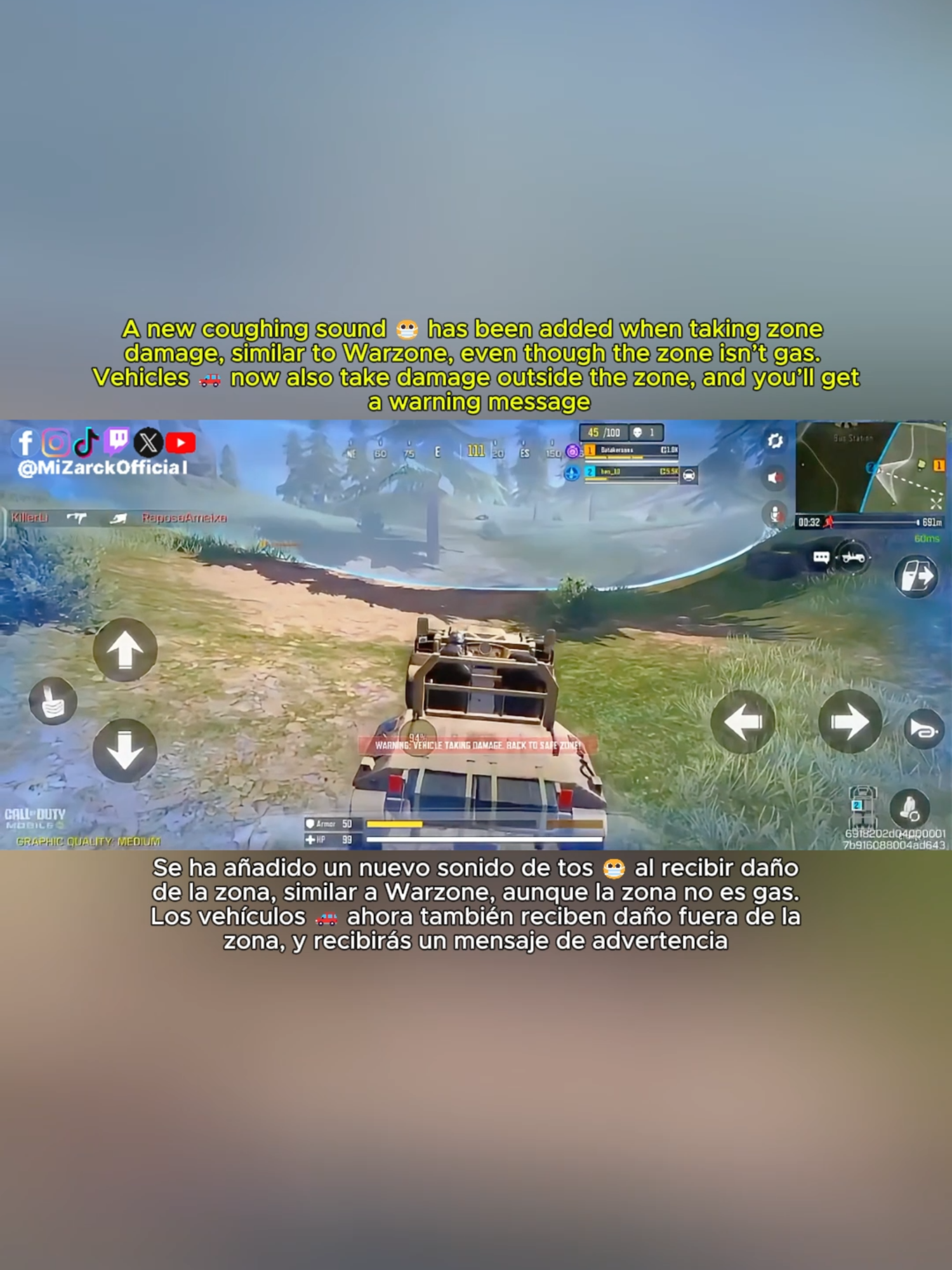 Se ha añadido un nuevo sonido de tos 😷 al recibir daño de la zona, similar a Warzone, aunque la zona no es gas. Los vehículos 🚗 ahora también reciben daño fuera de la zona, y recibirás un mensaje de advertencia [A new coughing sound 😷 has been added when taking zone damage, similar to Warzone, even though the zone isn’t gas. Vehicles 🚗 now also take damage outside the zone, and you’ll get a warning message] #callofduty #codm #codmobile #callofdutymobile #codmobileclips