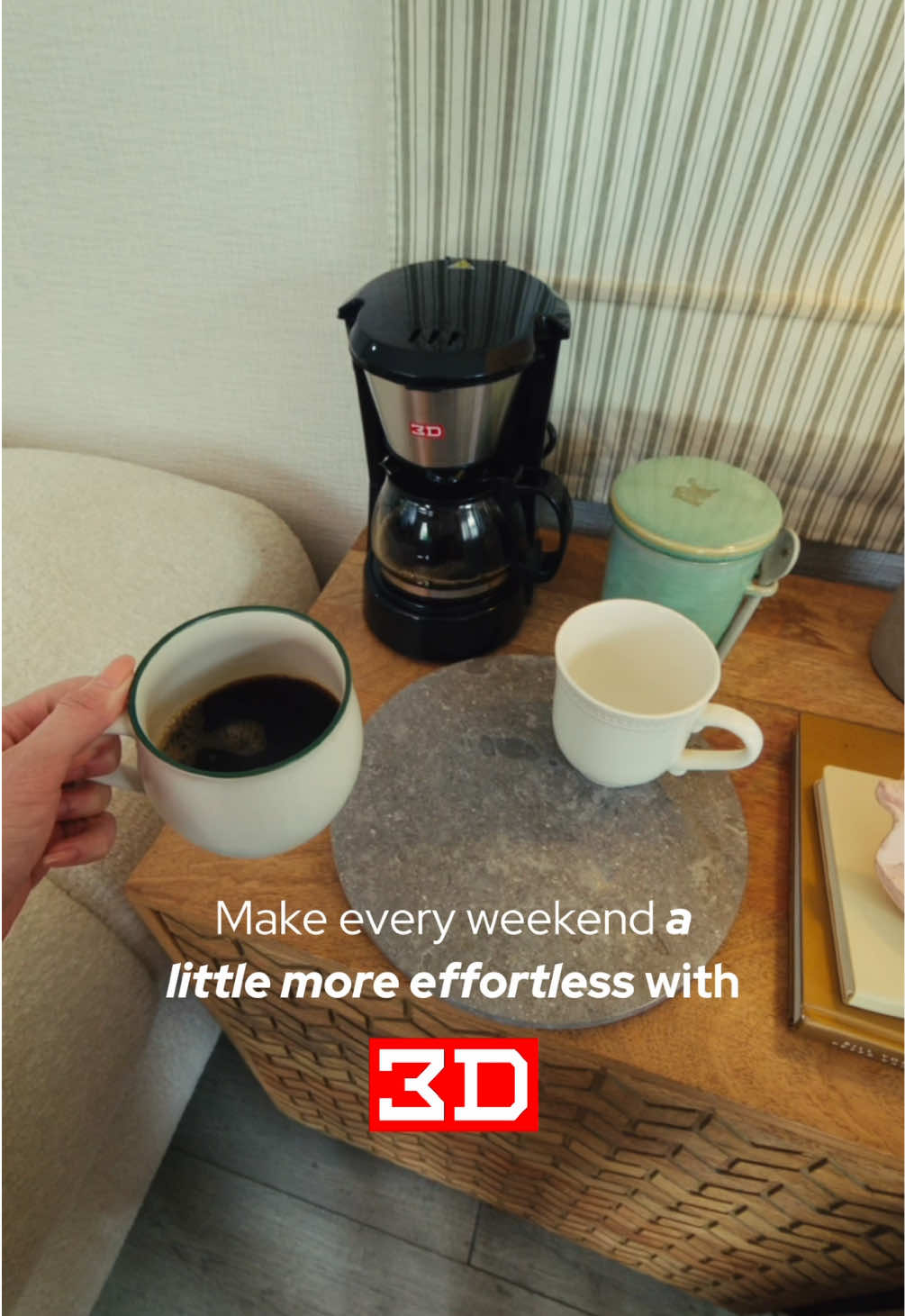 Weekends at home, made better with 3D Appliances. ☕️ Brew café-style coffee with the CM-750S Coffee Maker. Enjoy cool comfort with the TF10DB Debonaire Tower Fan.  Available in-store and online.