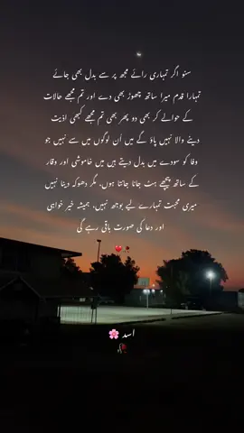 سنو اگر تمہاری رائے مجھ پر سے بدل بھی جائے، تمہارا قدم میرا ساتھ چھوڑ بھی دے اور تم مجھے حالات کے حوالے کر بھی دو پھر بھی تم مجھے کبھی اذیت دینے والا نہیں پاؤ گے۔ میں اُن لوگوں میں سے نہیں جو وفا کو سودے میں بدل دیتے ہیں۔ میں خاموشی اور وقار کے ساتھ پیچھے ہٹ جانا جانتا ہوں، مگر دھوکہ دینا نہیں۔ میری محبت تمہارے لیے بوجھ نہیں، ہمیشہ خیر خواہی اور دعا کی صورت باقی رہے گی۔