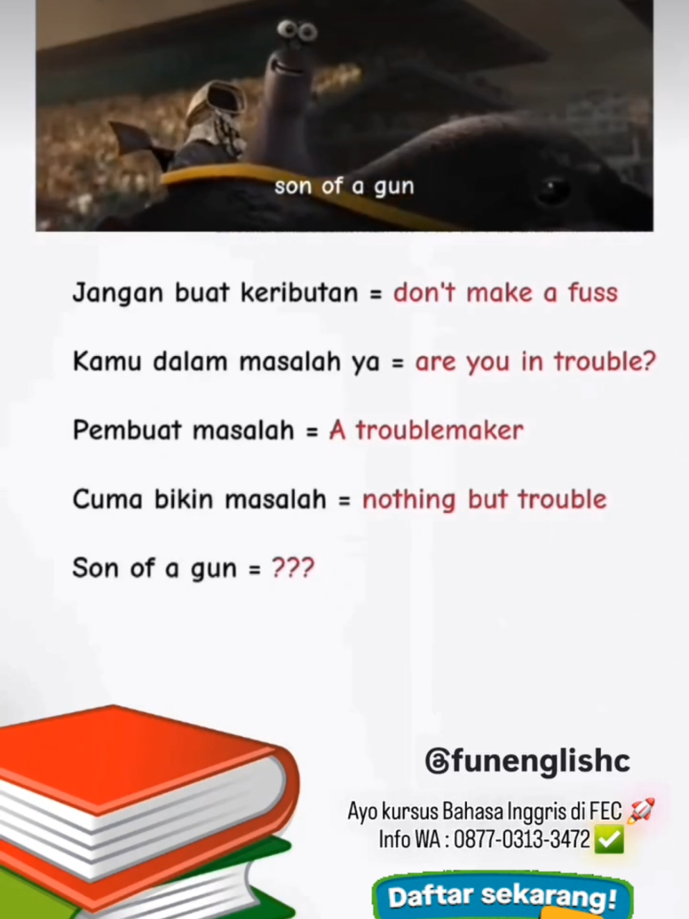 Belajar Bahasa Inggris tipis-tipis dari Film 🎬 --- 🚀 Siap Jadi Fasih Bahasa Inggris dengan Cepat? Ayo Gabung di FEC - Bale Inggris Selong, Tempat Kursus No. 1 di Lombok Timur! 🚀 Dengan metode belajar efektif, tutor berpengalaman, dan suasana kelas yang asyik, FEC adalah tempat yang tepat buat kamu yang mau lancar bahasa Inggris dengan cepat! Jangan tunda lagi, ini kesempatan terbaik untuk menguasai bahasa Inggris dan membuka pintu peluang masa depanmu! --- 📋 LEGALITAS RESMI 📜 IZIN PENDIRIAN LKP : 503/1880/PMPTSP-LKP/06/2022 📜 IZIN OPERASIONAL LKP : 500.16.7.2/2150/PMPTSP-LKP/10/2024 --- 🗓 Kelas Baru Mulai 1 DESEMBER 2025! ✨ KENAPA HARUS PILIH FEC? ✨ ✅ Fitrah Book – Buku saku praktis dengan materi lengkap dan mudah dipahami 📚 ✅ Materi KOMPLIT dari Vocabulary, Speaking, Pronunciation, sampai Grammar 📔 ✅ 96x pertemuan setiap bulan – belajar intensif dan efektif, bikin cepat bisa! ⏱️ ✅ Garansi mengulang kelas GRATIS jika tidak ada perkembangan! ✅ Kelas seru dan santai yang bikin belajar makin menyenangkan 🤩 ✅ English Area 24 jam, buat kamu yang mau latihan tanpa henti! ⏲️ ✅ Tutor-tutor ramah dan berpengalaman, siap membimbing dengan sabar 👨‍🏫👩‍🏫 ✅ Cocok untuk pemula – mulai dari dasar, jadi semua bisa ikut belajar! JADWAL BELAJAR : 🗓 Senin - Sabtu | Jam 14.30 - 19.30 Setiap hari kamu akan belajar di 4 kelas dengan 4 tutor berbeda, jadi setiap hari ada suasana belajar yang fresh dan materi yang variatif! --- ⚠️ PERHATIAN! KUOTA TERBATAS & Hampir PENUH! ⚠️ 📅 Batas Pendaftaran: 1 DESEMBER 2025 💸 Biaya Pendaftaran: Hanya 100rb 💸 Biaya Belajar (1 Bulan): Hanya 500rb Jangan sampai melewatkan kesempatan ini! Daftar SEKARANG sebelum kuota habis dan bawa kemampuan bahasa Inggrismu ke level baru yang lebih percaya diri. 📍 FEC - Bale Inggris Selong Jalan Zainuddin Abdul Majid No. 180 Selong (Lokasi tepat di samping Koramil Selong, di depan Cafe Jelly Potter, jalur satu arah menuju Tugu, sebelah kiri jalan) 📞 Hubungi Kami di WA/Telp: 0877-0313-3472 💌 Untuk info lebih lengkap, langsung DM atau hubungi WA kami di 0877-0313-3472 sekarang juga! #BelajarDiFECAja #MasaDepanFasih