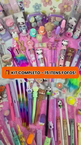 Se você ama papelaria fofa, prepare-se: esse kit kawaii vem com 15 itens lindos e úteis! #papelaria #kawaii #papelariafofa #estudantes