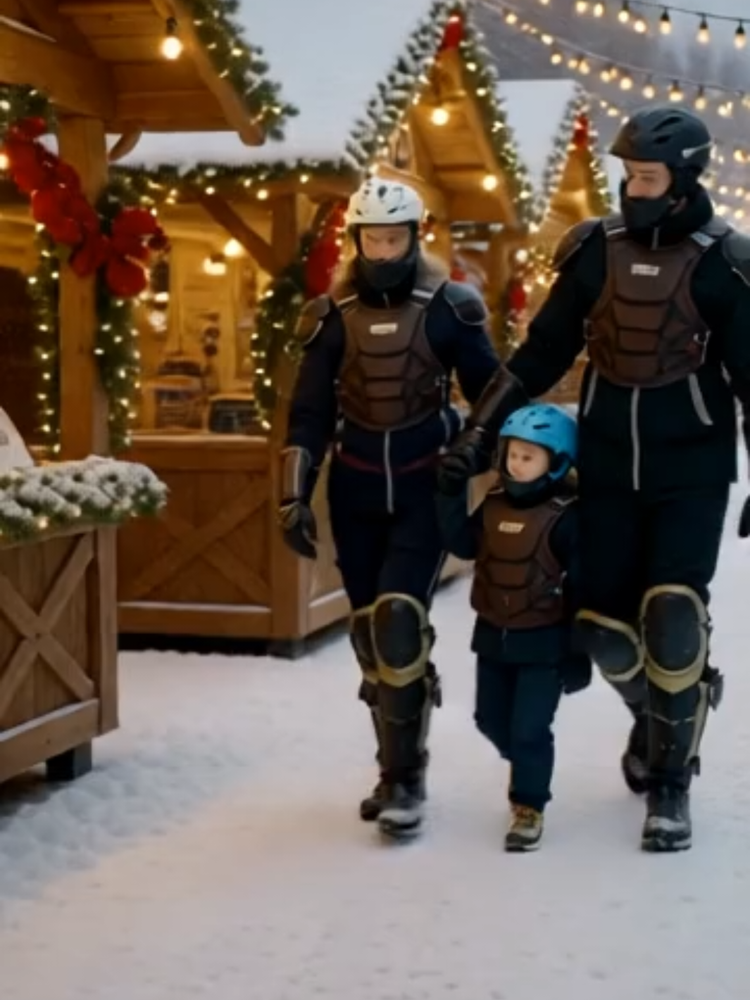 „Weihnachtsmarkt mal anders ❄️✨ Mama, Papa und ihr Kind – komplett in Schutzkleidung. Mitten im Schnee, zwischen Lichtern und Hütten. Familie bleibt Familie… egal welche Rüstung.“ Hashtags, falls du willst: #Weihnachten2025 #FamilyTime #WinterVibes #Schnee #Ungewöhnlich