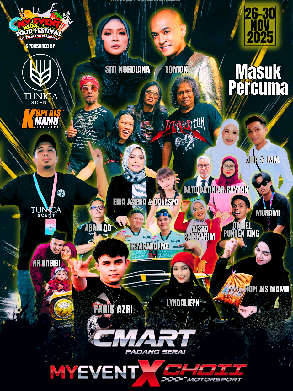 TARIKH RASMI PERSEMBAHAN TOMOK 📍CMART PADANG SERAI KULIM KEDAH  🗓️ 29 NOV 25  ⏰ 5 PETANG SOUND CHECK 9 MALAM LIVE SHOW ANJURAN MYEVENT X CHOII MOTORSPORTS 3.0 #myevent #foodfestival #padu #myeventxchoiimotorsport #eventgempak @tomoknewboyz 