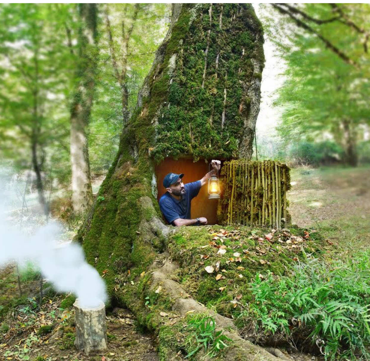 The process of building a shelter inside a large old oak tree.Effective survival skills in the wild  #camping #survival #uotdoor #asmr 