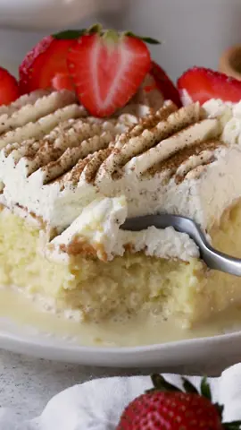 Tres leches cake is the best. My two favorite toppings are whipped cream or meringue frosting 🍰 I can teach you how to make them both! ❤️ this cake never fails! Find the recipe at https://www.piesandtacos.com/easy-tres-leches-cake/ 
