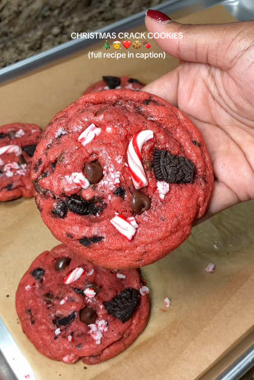 These cookies SCREAM Christmas & are the perfect treats for a holiday party😍 RECIPE: 1 cup melted @KerrygoldUSA unsalted butter  1/2 cup white sugar  1/2 cup brown sugar  Mix well until sugars dissolve then add 1 egg & 1 egg yolk (room temperature) 1 tbsp vanilla extract  4-5 drops red food coloring  1 tsp @McCormick Spices peppermint extract  Mix until smooth & well combined  2 cups @Pillsbury all purpose flour  1 tsp baking soda & corn starch & a pinch of salt  Fold your batter until just combined  1 cup @Nestle Toll House semi sweet chocolate chips  1/2 cup @OREO cookies  1/2 cup crushed candy canes  Fold mixture again until fully combined then place in the fridge for AT LEAST on hour. Scoop your dough onto a parchment paper lined cookie  pan & bake for 13-15 minutes on 350 degrees. Slam your cookies on the counter once you take them out of the oven & use any circular kitchen tool to round them & add extra chocolate chips, oreo cookies & candy canes on top (optional). Enjoy! #christmas #cookies #homemadecookies #peppermint #fyp 