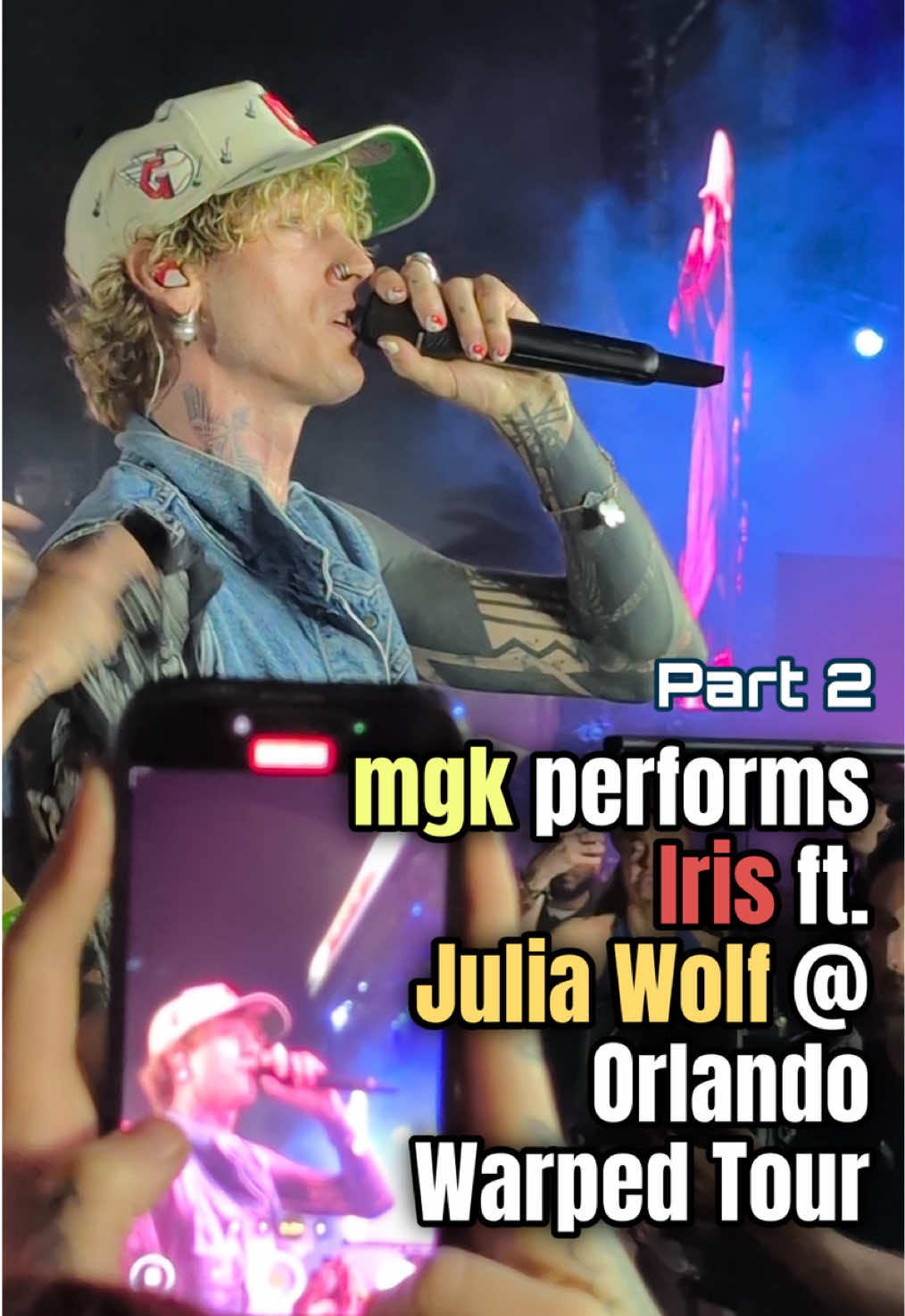 mgk performed Iris with @juliawolfnyc during his Warped Tour set! This is spliced together with clips from the livestream and my own recordings.  Together they made such a beautiful song and they performed it to perfection 🫶 • • 📸: myself, @vanswarpedtour  • • #vanswarpedtour #warpedtour #orlandowarpedtour #machinegunkelly #colsonbaker                          @mgk @juliawolfnyc  