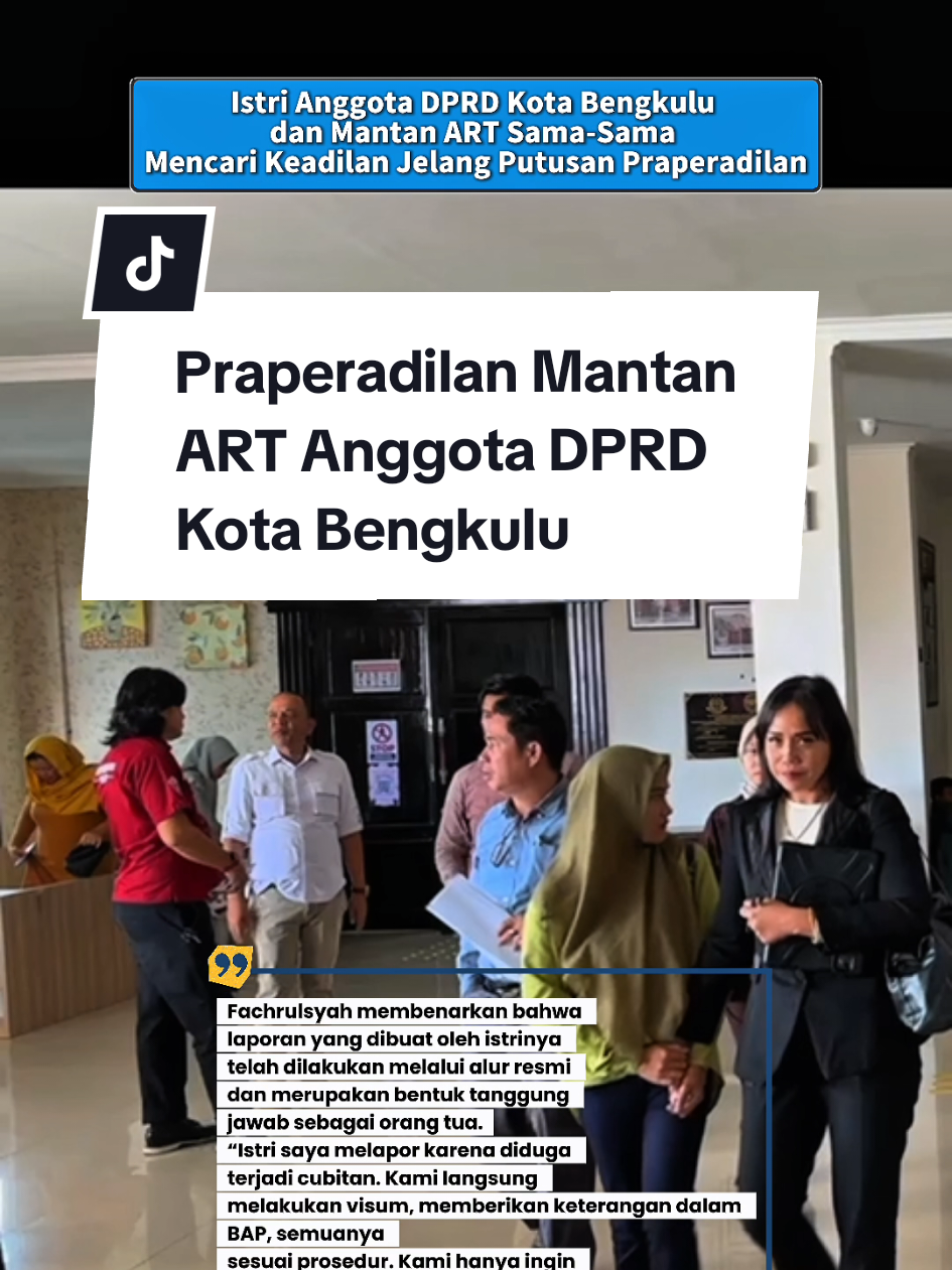 Istri Anggota DPRD Kota dan Mantan ART Sama-Sama Mencari Keadilan Jelang Putusan Praperadilan Kota Bengkulu - Menjelang putusan praperadilan yang akan dibacakan pada Senin, 17 November 2025, perkara dugaan kekerasan terhadap anak yang menyeret RAJ (20), mantan ART sekaligus mantan pengasuh anak di rumah Anggota DPRD Kota Bengkulu, Fachrulsyah (Aul), terus menjadi sorotan. Dalam kasus ini, dua pihak—istri Anggota DPRD Kota dan mantan ART—sama-sama membawa keyakinan masing-masing untuk mencari keadilan. Kasus bermula dari laporan Ayu Lestari Putri, istri Aul, yang diduga menuduh RAJ mencubit anak mereka. Laporan itu kemudian berujung pada penetapan RAJ sebagai tersangka oleh Satreskrim Polresta Bengkulu berdasarkan Pasal 80 ayat (1) jo Pasal 76C UU Perlindungan Anak. Namun, RAJ mengajukan praperadilan untuk menguji sah atau tidaknya penetapan tersebut. Fachrulsyah membenarkan bahwa laporan yang dibuat istrinya dilakukan sesuai alur resmi dan merupakan bentuk tanggung jawab orang tua. “Istri saya melaporkan karena diduga ada cubitan. Kami langsung visum, BAP, semuanya sesuai prosedur. Kami hanya ingin keadilan untuk anak kami,” ujar Aul menegaskan. Ia juga menyatakan bahwa RAJ yang diterima dari yayasan diduga tidak memiliki pengalaman memadai sebagai pengasuh, sehingga keluarganya merasa perlu berhati-hati terhadap perilaku RAJ selama bekerja. Sementara itu, RAJ melalui kuasa hukumnya, Abu Yamin, SH MH (Omeng), yakin bahwa penetapan tersangka harus diuji karena tidak didukung pembuktian yang kuat. “Tidak ada saksi yang melihat langsung dugaan itu. Pelapor tidak melihat, pembantu baru pun tidak bertemu lagi dengan RAJ. Dasarnya dari mana?” tegas Abu Yamin. Ia juga menyoroti penggunaan keterangan anak pelapor yang masih berusia dua tahun enam bulan. “Keterangan anak usia segitu tidak memenuhi syarat sebagai alat bukti sah. Penetapan tersangka ini harus diuji di praperadilan,” lanjutnya. #KasuamantanARTAnggotaDPRDKotabengkulu #fachrulsyah #CubitaAnakMajikan  #EpinBabbySisterBengkulu #praperdilanMantanARTBengkulu 