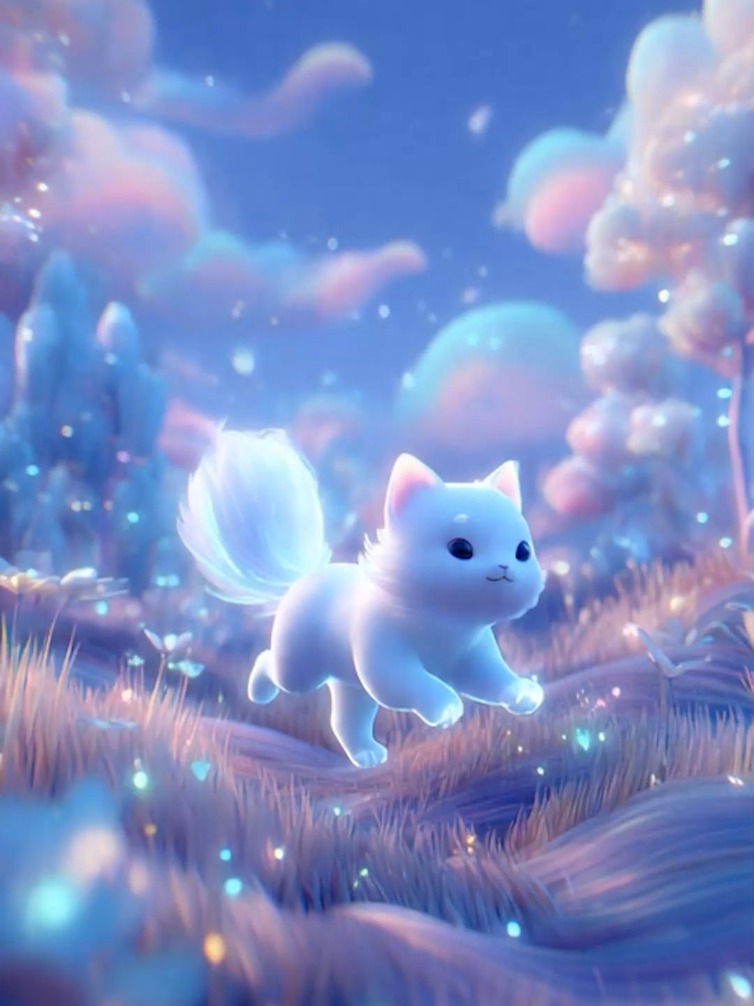 Video generation : 🛠️ Meta AI ⚙️ Video 9/16 📄 A wondrous and magical animated film. A graceful cat with luminous fur runs across vast, undulating fields on an enchanted planet. The grasses shimmer like stardust, flowers open as it passes, releasing tiny, colorful glimmers. The sky is dotted with floating moons, shifting constellations, and iridescent clouds. The run is fluid and dynamic, with magical light effects around its paws. In the distance, floating hills, crystalline trees, and gentle creatures observe the scene. Modern animation style, soft textures, dreamlike ambiance, vibrant colors, and a truly magical atmosphere. #aivideos #aiprompt #cat #catanimation
