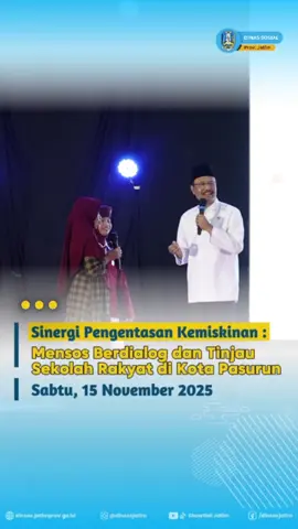 Mensos RI Gelar Dialog Sekolah Rakyat dan Kesejahteraan Sosial di Pasuruan Mensos RI mengadakan dialog bersama keluarga dan siswa Sekolah Rakyat serta pilar-pilar sosial di Kota Pasuruan untuk memperkuat integrasi Program Sekolah Rakyat dengan layanan kesejahteraan sosial. Dalam forum tersebut, Mensos Saifullah Yusuf menegaskan bahwa Sekolah Rakyat adalah model pengentasan kemiskinan terpadu: anak mendapat pendidikan bermutu, sementara keluarga memperoleh berbagai layanan pemberdayaan secara terintegrasi melalui DTSEN, CKG, MBG, hingga pemberdayaan ekonomi. Saat ini telah berjalan 166 titik SR rintisan di seluruh Indonesia, dan 104 titik lahan disiapkan untuk pembangunan SR permanen. Pemerintah juga menargetkan 46.000 siswa SR pada tahun mendatang. Mensos menekankan pentingnya pendataan yang akurat dan transparan, agar SR benar-benar menjadi program prioritas yang mampu mengangkat keluarga prasejahtera menuju kemandirian. @khofifah.ip @emildardak @adhykaryononew @restunovi53 @humasprovjatim @kominfojatim @jatimpemprov #dinsosjatimmelayanimenyelesaikan #dinassosialjawatimur #dinsosjatim #dinsos #nawabaktisatya 
