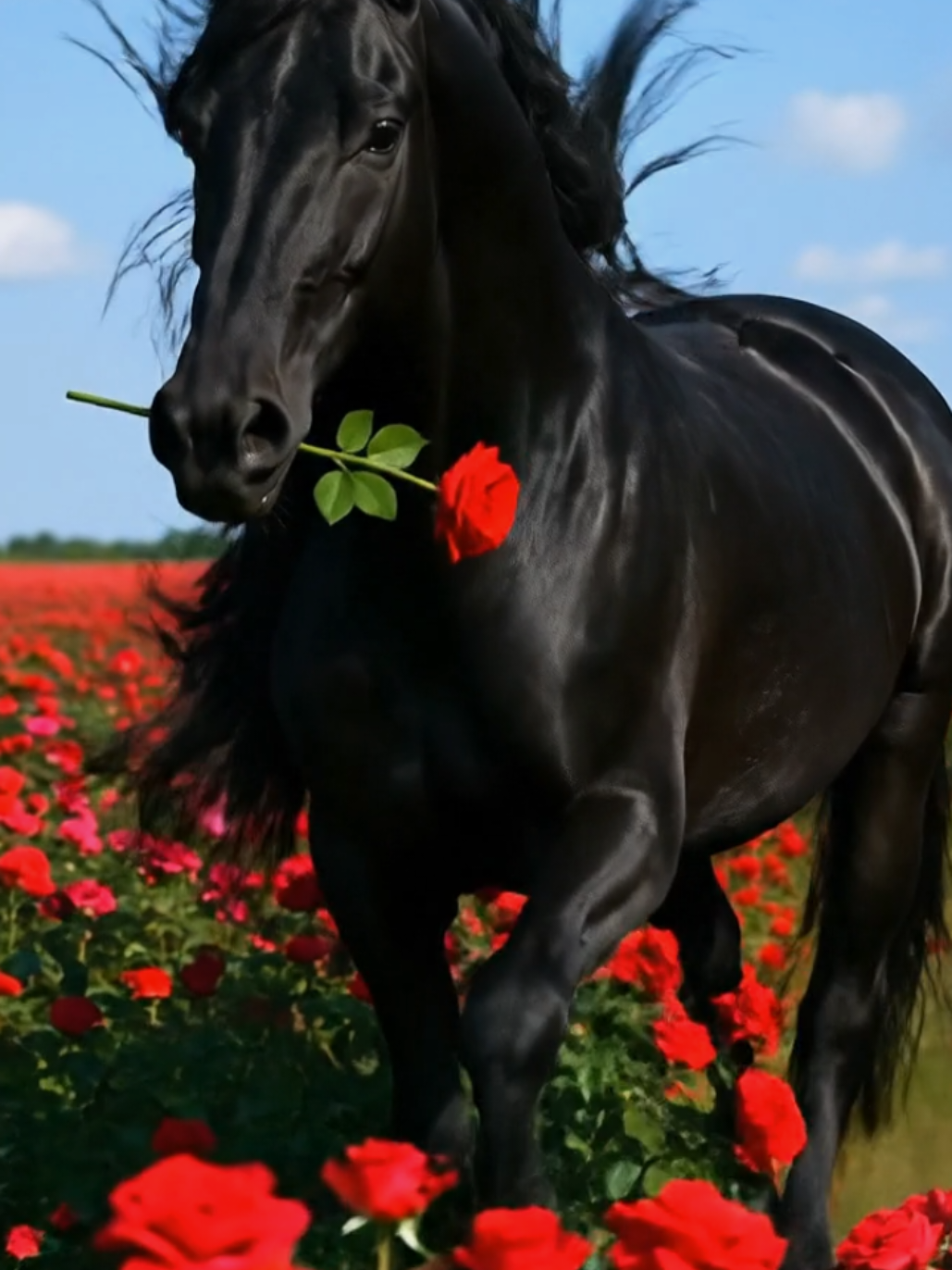 “Cavalo belo, correndo entre as rosas, por que você leva justamente uma rosa na boca? O que ela significa para você?” #cavalo #rosa #entreRosas #belezaAnimal #correndoLivre