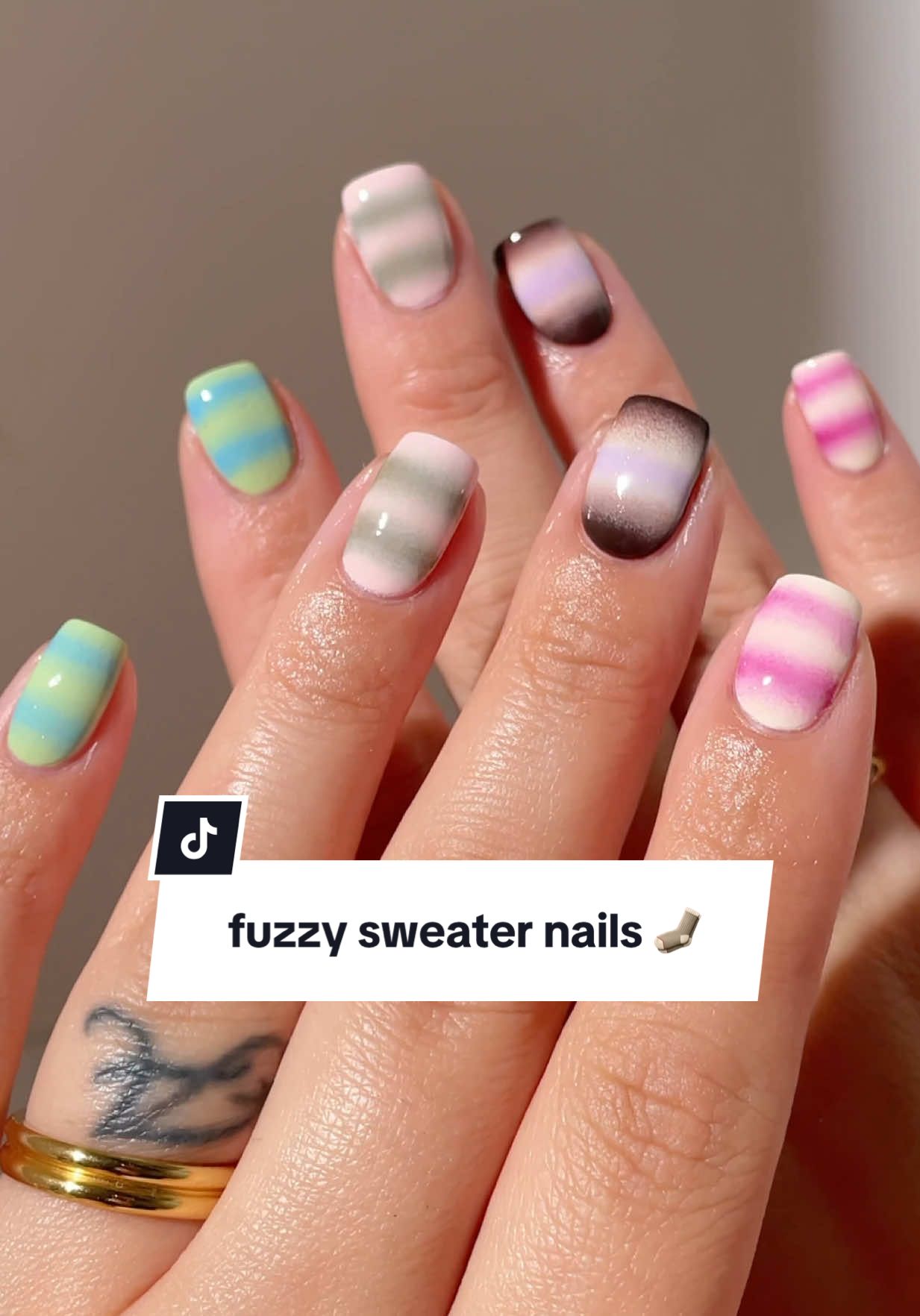 Fuzzy sweater nails for a fall/winter look 🧦 ✨ Inspired by @Rebecca Paints Nails  Products used: Forget Me Nots, Candy Girl, Nevermore, Afternoon Tea, Cold Hearted, Arrivederci, Passenger Princess, Brownie, and Totally Gelly.  #winternails #fallnails #sweaterweather #nailinspo #diynails  