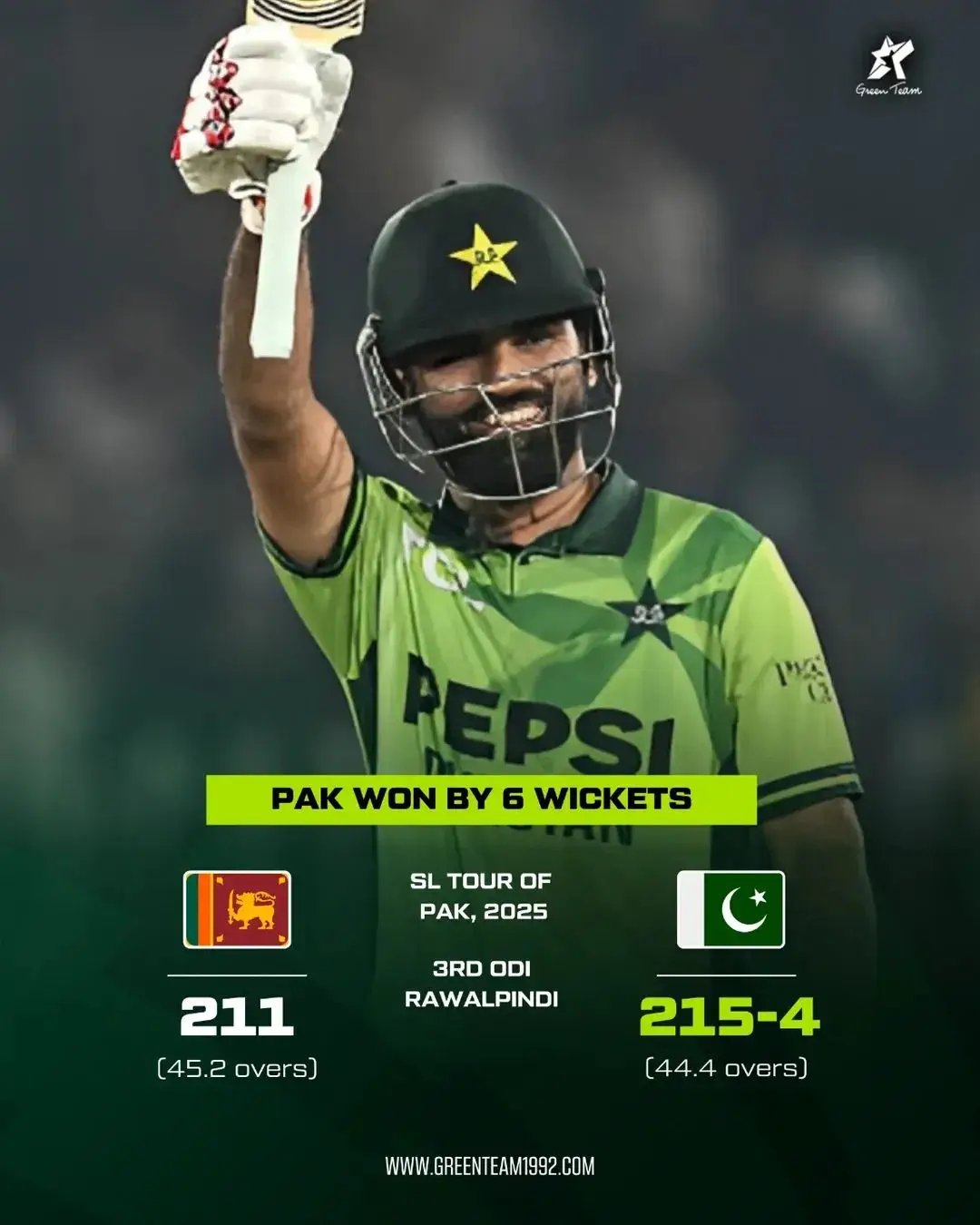 𝗜𝗧'𝗦 𝗖𝗟𝗘𝗔𝗡 𝗦𝗪𝗘𝗘𝗣𝗘𝗗! PAKISTAN won the Third ODI against Sri Lanka with 6 wickets. They chased the 211 target in 44.4 overs. Fakhar 55 and Rizwan 61* helped the Green Shirt in the run chase.  #PAKvSL | #ODI | #Cricket | #GreenTeam | #OurGameOurPassion | 