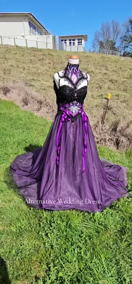 Alternative wedding dresses ✨ Would you wear this on your big day? This stunning three-piece set is handmade from hand-dyed purple lace, complete with ethereal wings. The pieces can be worn together for a dramatic bridal look, or separately — choker harness, corset belt, and gown — so you can style them your way. A truly one-of-a-kind creation for the bride who dares to be different. #wabisabi #altstyle #alternativeweddingdress 