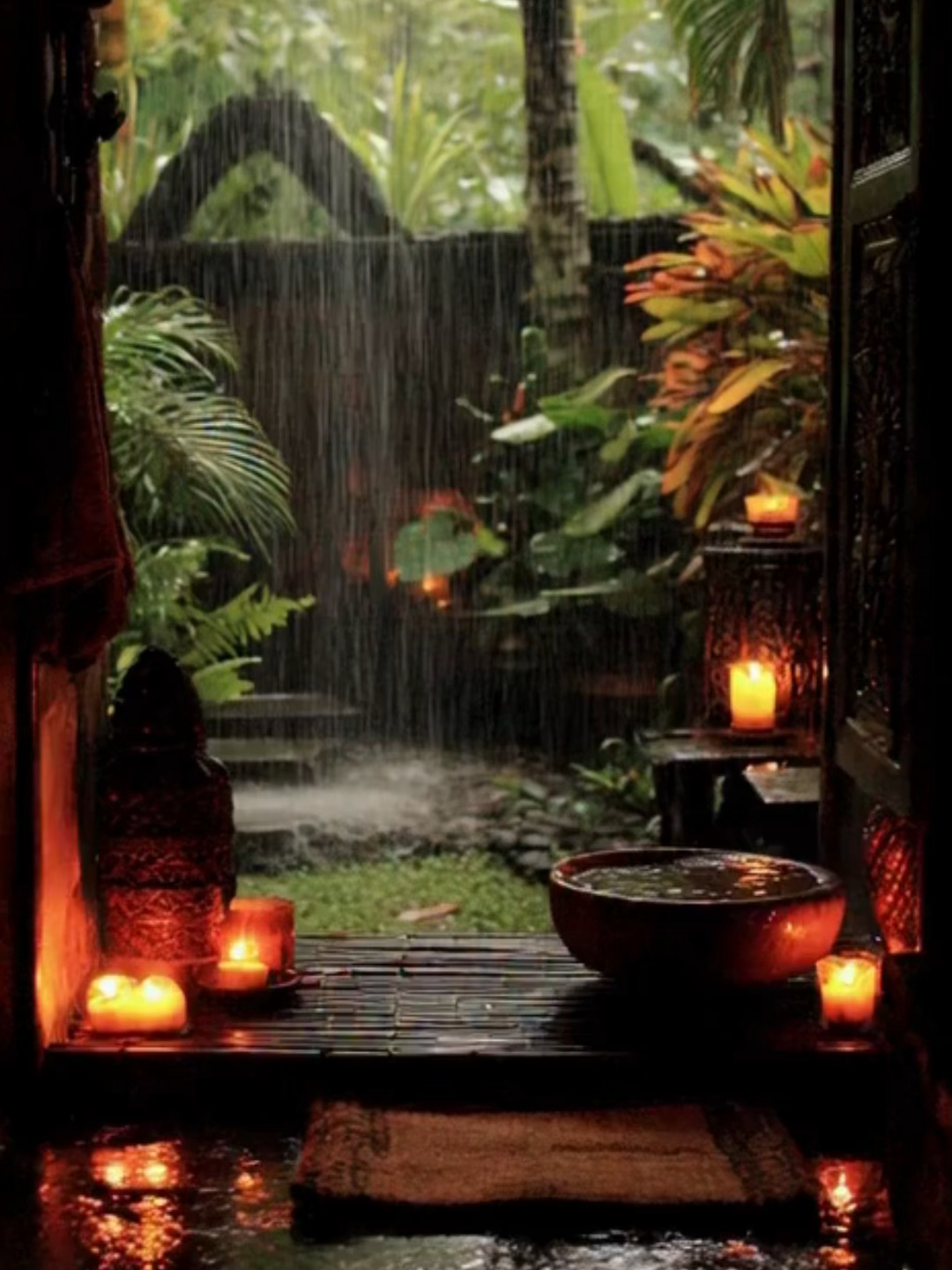 Bali Bamboo Villa – Tropical Rain Open-air bamboo villa surrounded by lush tropical greenery during a warm rainfall. Heavy rain cascading over palm leaves, soft candlelight flickering inside, gentle rustling of plants, and reflections shimmering on wet wooden floors. Natural textures of bamboo and linen blend with the soothing ambience of the Bali wet season. #BaliRain #BambooVilla #rainambience #LofiAesthetic #RelaxingVibes