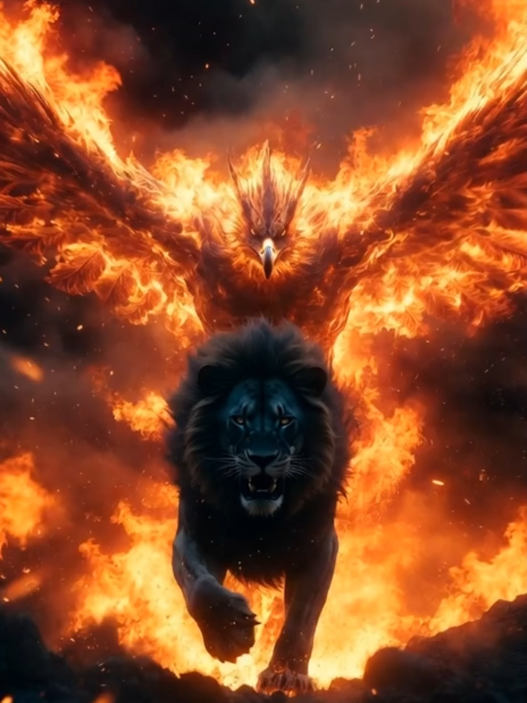 The Fire King & The Phoenix Guardian. When the lion awakens and the phoenix rises, even the flames bow.  #FireLion #PhoenixRise #MythicPower #EpicCinematic #AIArtLegends #AIArtMagic #fyp