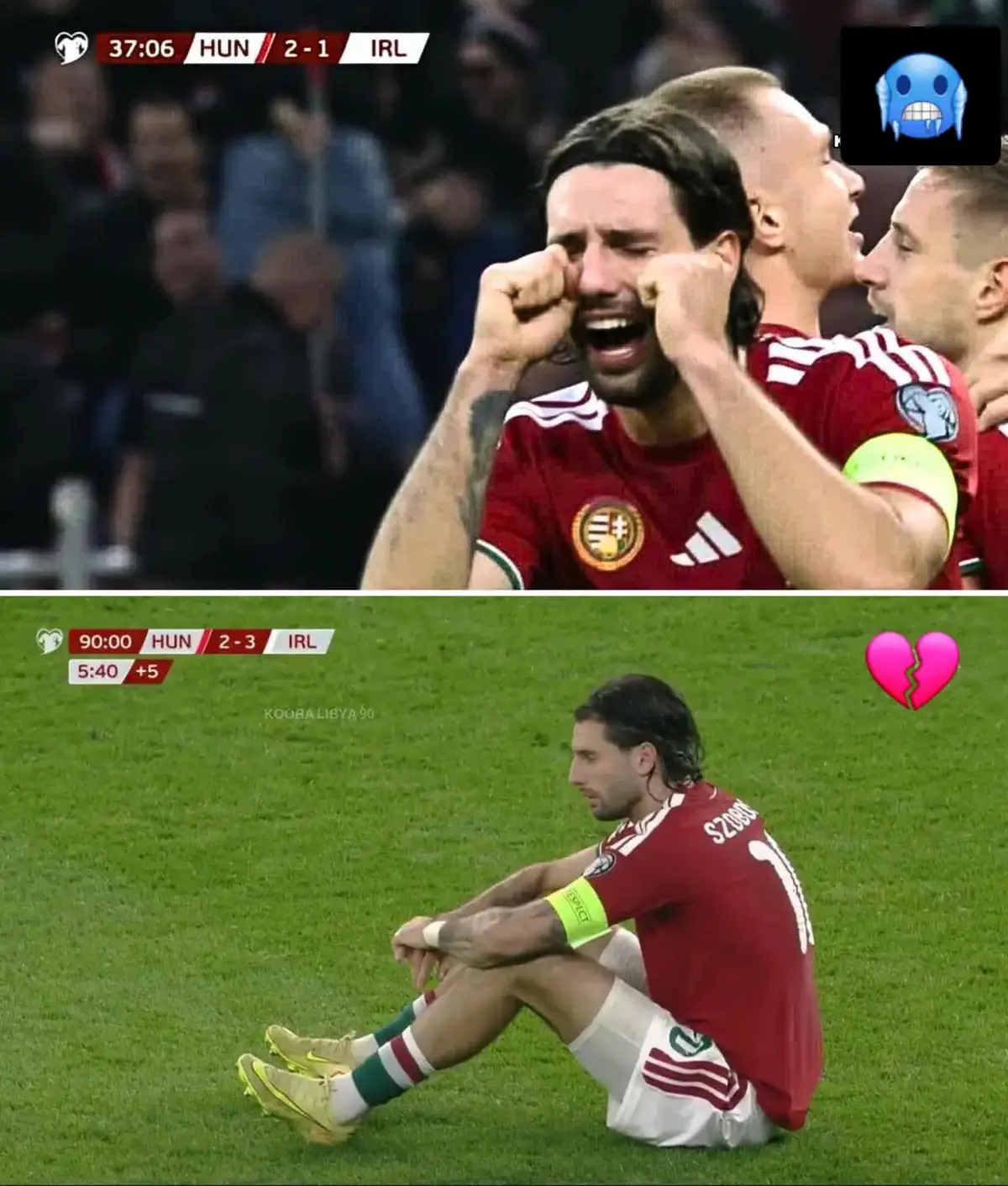 - في اللقطة الأولى سوبوسلاي يحتفل ويستهزئ بجمهور ولاعبي منتخب ايرلندا عندما كان منتخب المجر متقدما وضامن التأهل إلى ملحق كأس العالم . - في اللقطة الثانية سوبوسلاي يجلس حزين بعد تسجيل منتخب ايرلندا هدفا قاتلاً وطرد منتخب المجر خارج التأهل إلى ملحق كأس العالم 😬💔#سوبوسلاي #ireland #Hungary #szoboszlai #كرة_قدم 