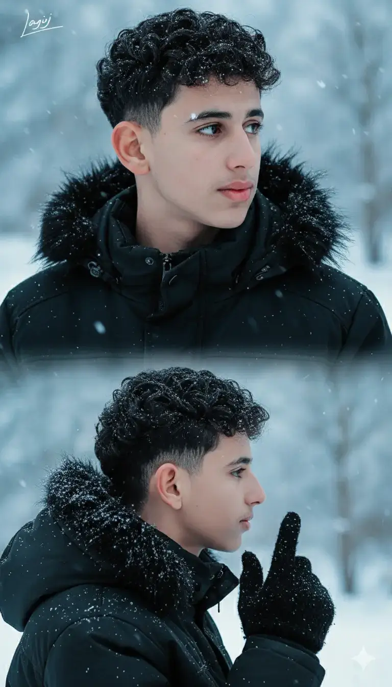 حط صورتك مع هذا الوصف وشوف النتيجة الوصف إنشاء صورتين الطبقات تماما مثل الصورة المرجعية ، والحفاظ على نفس زاوية الكاميرا ، والإضاءة ، والثلج ، والملابس. الصورة 1 (أعلى ) : لقطة مقربة جدًا للوجه ، مائلة قليلاً ، والنظرة مستديرة بوضوح إلى اليمين الإضاءة باردة ، والخلفية غير واضحة ومثلجة ، والثلج يتشبث بالرموش والحاجب ، وسترة شتوية سوداء مع تقليم من الفرو حول الرقبة. الصورة 2 (أسفل): نفس الشخص ، ولكن من زاوية جانبية ، مع ظهور الوجه تقريبًا من الجانب الإضاءة والثلج متماثلان ، والخلفية غير واضحة ومثلجة. قفاز من الصوف الأسود مرئي على اليد. احتفظ بكلتا الزاويتين تماما كما في الصورة المرجعية ، دون أي تغييرات. دون تغيير ملامح وجهي. توقيع شخصي صغير في الزاوية اليسرى العليا من المرآة 