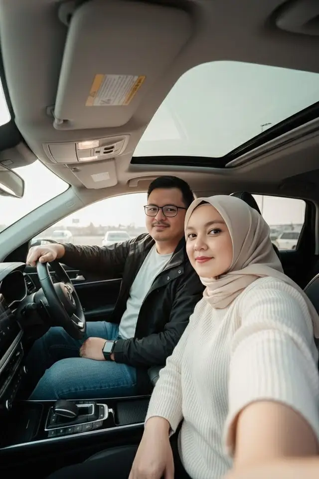• Sebuah foto selfie yang menampilkan sepasang kekasih di dalam mobil. • Pria [DESKRIPSIKAN CIRI-CIRI FISIK], wajah persis seperti foto terlampir. Mengenakan [DESKRIPSIKAN PAKAIAN]. Ia duduk santai di kursi pengemudi. • Wanita [DESKRIPSIKAN CIRI-CIRI FISIK] duduk di kursi penumpang. Ia mengenakan [DESKRIPSIKAN PAKAIAN]. Tangannya maju kedepan (POV mengambil gambar dari tangannya sendiri). • Wajah keduanya menatap kamera dengan ekspresi senyum tipis.  • Pencahayaan alami dari kaca depan membuat wajah mereka terlihat lembut dan realistis. Interior mobil modern dengan atap panoramic sunroof.  • Hasil foto bergaya iPhone camera, warna natural dengan tone hangat. • Komposisi seperti foto selfie yang diambil dari sudut agak menyamping. Prompt by @iwansetiaonebudhi Support saya dengan cara like, komen, dan share Terimakasih 🙏🏻🙏🏻🙏🏻 #fyp #editfoto #ai #gemini #prompt 