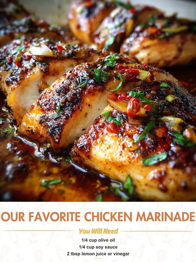 Our Favorite Chicken Marinade  Ingredients ¼ cup olive oil ¼ cup soy sauce 2 tbsp lemon juice or vinegar 2 cloves garlic, minced 1 tsp honey or brown sugar 1 tsp Dijon mustard 1 tsp paprika ½ tsp black pepper ½ tsp dried thyme or oregano Optional: pinch of red chili flakes for heat 🔪 Instructions Combine ingredients: In a bowl or resealable bag, whisk together olive oil, soy sauce, lemon juice, garlic, honey, mustard, paprika, pepper, and herbs. Marinate chicken: Add chicken pieces (breasts, thighs, drumsticks, or wings) and coat evenly. Seal bag or cover bowl. Marinating time: Refrigerate for at least 30 minutes, preferably 2–4 hours. For extra flavor, marinate up to 8 hours. Cook chicken: Grill, bake, or pan-sear until the chicken reaches an internal temperature of 165°F (74°C). Serve: Let rest 5 minutes before slicing or serving to keep chicken juicy. 💡 Tips & Variations For spicy chicken, add 1 tsp cayenne pepper or sriracha. Use lime juice instead of lemon for a slightly different tang. Add fresh herbs like rosemary, parsley, or cilantro for extra aroma. Double the marinade to reserve some for brushing during cooking, but don’t reuse raw marinade. ❤️ Why You’ll Love It This marinade makes chicken juicy, tender, and bursting with flavor, no matter the cooking method. It’s simple, adaptable, and becomes an instant favorite for weeknight dinners, meal prep, or entertaining.