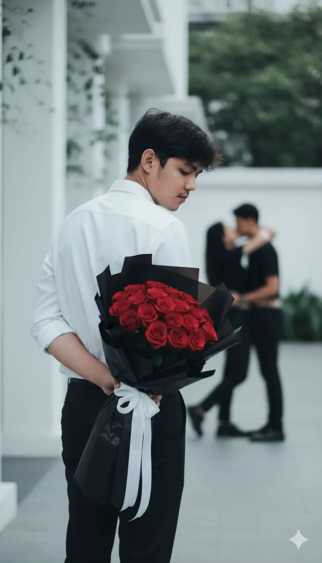 Transform the upload image (keep face details properly) Foto seorang pria muda berambut gelap, dilihat dari tampak belakang 3/4, sedang melihat ke bawah. la mengenakan kemeja putih dan celana panjang gelap. la memegang buket mawar merah yang dibungkus kertas hitam dengan pita putih di belakang punggungnya. Buat kamera sedikit lebih mudur memperlihatkan keseluruhan celana pria. Latar belakangnya menampilkan elemen arsitektur putih yang kabur dan dedaunan hijau di bawah pencahayaan alami yang lembut. Dan ada sepasang pria dan wanita sedang berciuman terlihat buram. --ar 9:16 --style raw --v 6.0 #ai #AI #geminiai #fypシ #gemini 