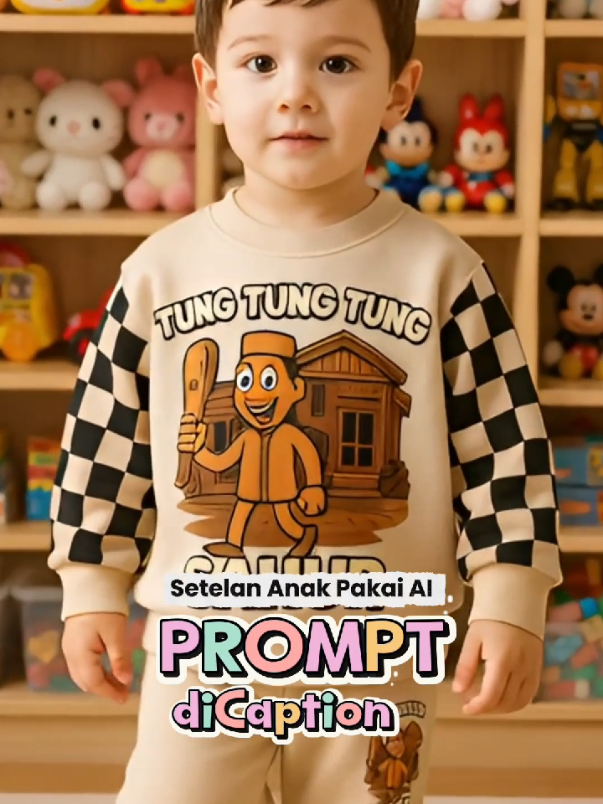 𝗖𝗮𝗿𝗮 𝗯𝘂𝗮𝘁 𝗣𝗿𝗼𝗺𝗽𝘁 𝗮𝗶 𝘃𝗶𝗱𝗲𝗼 𝗦𝗲𝘁𝗲𝗹𝗮𝗻 𝗕𝗮𝗷𝘂 𝗔𝗻𝗮𝗸 . 1.Buka Chatgpt 2.Upload gambar produk 3.Copy-paste prompt ini : . 𝐏𝐑𝐎𝐌𝐏𝐓 𝐆𝐀𝐌𝐁𝐀𝐑  [[Buat gambar fotografi realistis rasio 9:16. Seorang anak laki-laki usia sekitar 3–5 tahun berdiri ceria di dalam ruangan minimalis bernuansa kayu terang. Ia mengenakan setelan [sweater dan celana jogger beige bertema ‘Tung Tung Tung Sahur.] seperti foto yang saya upload. Ia juga memakai [Celana jogger beige dengan ribbed cuff dan logo kecil ‘Tung Tung Tung Sahur’ di paha kanan.] seperti foto yang saya upload. Anak tersebut memakai sepatu putih bersih. Ia Menghadap kamera Ekspresi wajah ceria, gaya casual, pose natural seperti sedang berdiri atau sedikit tersenyum.Di belakangnya terdapat rak mainan besar yang penuh oleh berbagai mainan anak kecil: boneka plushie, mobil-mobilan, robot mainan, lego, puzzle warna-warni, dan beberapa kotak penyimpanan mainan transparan. Penataan mainan terlihat ramai namun tetap rapi dan estetik. Lantai menggunakan karpet lembut, dan warna ruangan cerah serta menyenangkan. Pencahayaan lembut natural, gaya foto produk anak yang bersih dan estetik.] . 𝐏𝐑𝐎𝐌𝐏𝐓 𝐕𝐈𝐃𝐄𝐎 1.Buka DIGEN AI 2.Upload gambar dr Chatgpt 3.Copy-paste prompt ini : . [Video Adegan dimulai ketika anak berdiri di samping rak mainan, lalu ia melangkah kecil sambil menoleh ke kamera. Ia tersenyum lebar dan menggerakkan tangan seolah ingin mengambil mainan di rak. Kamera mengikuti pergerakannya dengan gerakan halus (slow pan). Cahaya ruangan hangat dan lembut, menonjolkan warna-warna cerah mainan di belakangnya. Atmosfer video ceria, bersih, dan bernuansa playful khas ruang bermain anak.] . 𝐏𝐑𝐎𝐌𝐏𝐓 𝐋𝐄𝐍𝐆𝐊𝐀𝐏 𝐃𝐈 𝐁𝐈𝐎 . #kontenai #affiliatepakaiai #setelananak #promptchatgpt #tipstiktokaffiliatetanpawajah 