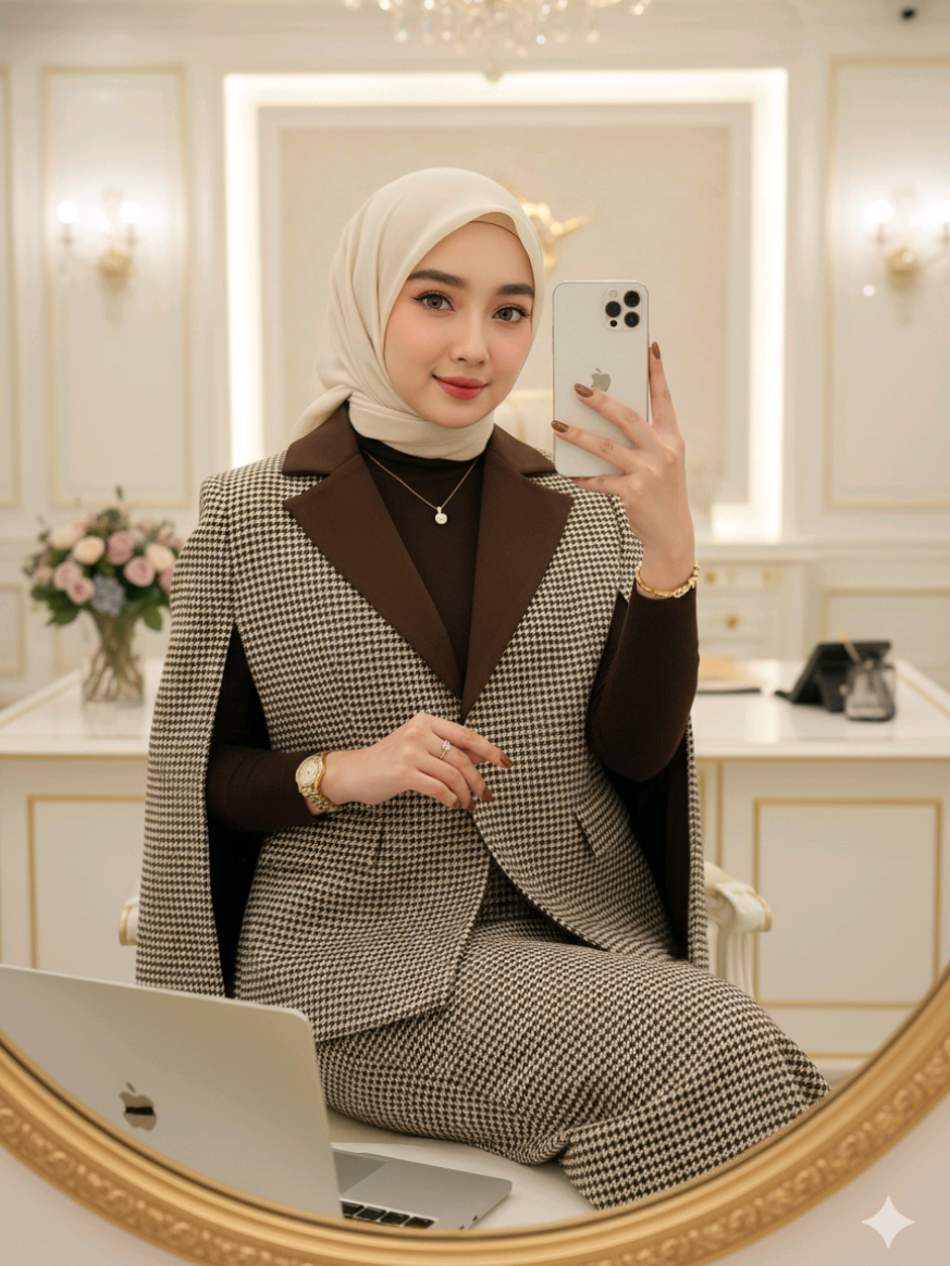 Lapor ketua! Senin telah tiba,, mode tempur diaktifkan 🔥😎 . . Prompt 👇: Buat foto ini tanpa merubah wajah asli Seorang wanita cantik berswafoto closeup setengah badan di cermin di dalam interior ruangan kantor CEO yang sangat mewah dan elegan bewarna putih mix gold. Dia berkulit putih bersih tanpa cela, soflens coklat muda, bulu mata panjang lentik tegas, bibir pakai liptint ombre pink glossy, Dia tersenyum tipis hangat, memegang ponsel iPhone 17 bewarna putih di satu tangan sementara tangan lainnya menyentuh laptop Apple warna silver. Dia mengenakan setelan houndstooth warna cokelat dan krem yang modis, terdiri dari jaket bergaya cape dan rok span panjang pas body yang serasi. Pakaian tersebut menjadi fokus utama. Jaketnya memiliki desain bergaya cape dengan celah untuk lengan, menampilkan kerah dan lapel lebar yang dilapisi bahan cokelat tua solid. Pola houndstooth adalah anyaman klasik dari warna cokelat tua dan krem/beige terang. Jaketnya sedikit terbuka, menampilkan atasan turtleneck atau kerah tinggi berwarna cokelat tua di bagian dalam. Rok span pas body cokelat tua yang serasi terlihat sedikit di bawah hem jaket.  memakai jam tangan gold, gelang emas mewah di pergelangan tangan satunya,cincin berlian minimalis cantik, memakai nailart coklat glossy, hijabnya cream senada outfit nya, sangat serasi dengan pakaiannya. Memakai kalung dengan liontin berlian cantik. Latar belakangnya menampilkan interior yang apik dengan cermin besar, pencahayaan keemasan yang lembut, dekorasi elegan seperti vas bunga, meja kerja CEO mewah elegan modren, dan pantulan cahaya yang halus. Suasananya romantis, ceria, dan penuh gaya. Pencahayaan sinematik 8K yang sangat realistis, kain dan aksesori yang detail. Jangan ubah wajahnya. Rasio 9:16 #trendai #geminiai #fotoai #ceo #promptai 