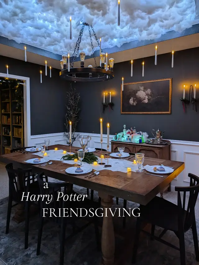 We hosted our Annual Friendsgiving tonight & it had me thinking about last year's Harry Potter Themed Friendsgiving so I had to share again. 🤎✨ Here are a few of my favorite details from the evening. We truly poured so much into every detail. From the cloud ceiling complete with floating candles & flashing lights, to the intricately detailed place settings personalized for each of our guests, we left no detail out! 🕯️ I loved putting it all together & we still talk about it to this day. Which detail is your favorite? Is it the letters coming out of the fireplace? The owl adoption station? Or maybe it's the potions table or candy trolley? 👀 Swipe through to see all the details up close & save these for inspiration if you're looking for a fun way to jazz up your Friendsgiving this year. We truly had a blast putting this evening together! ✨ #friendsgiving #harrypotter #harrypottertiktok #harrypottertok #harrypotterfan 